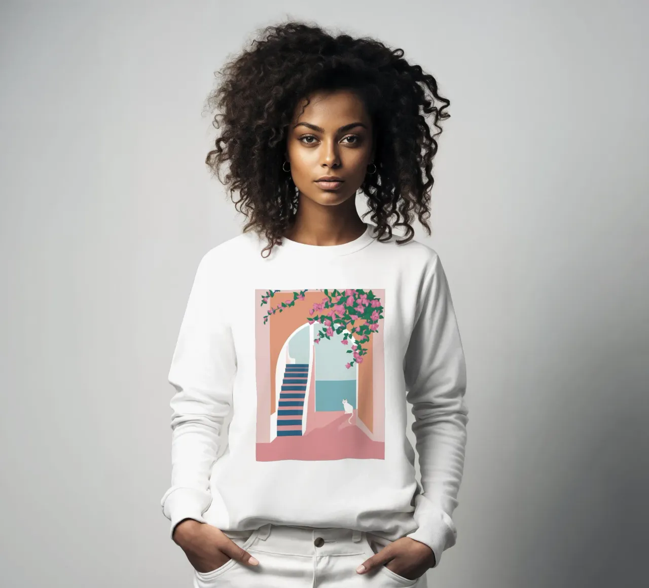 White Cat Stairway Sweatshirt von Muse Artworks