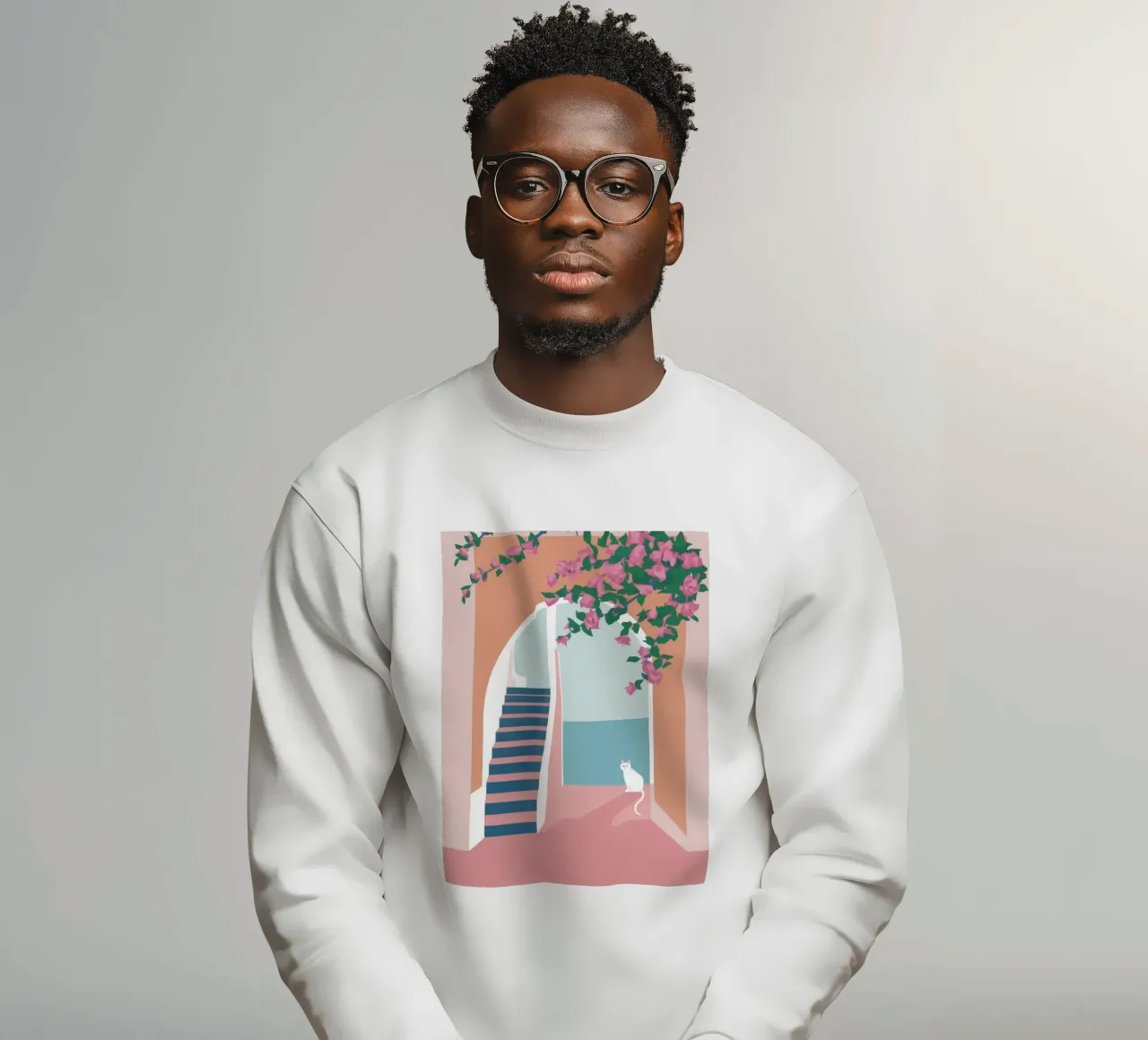 White Cat Stairway Sweatshirt von Muse Artworks