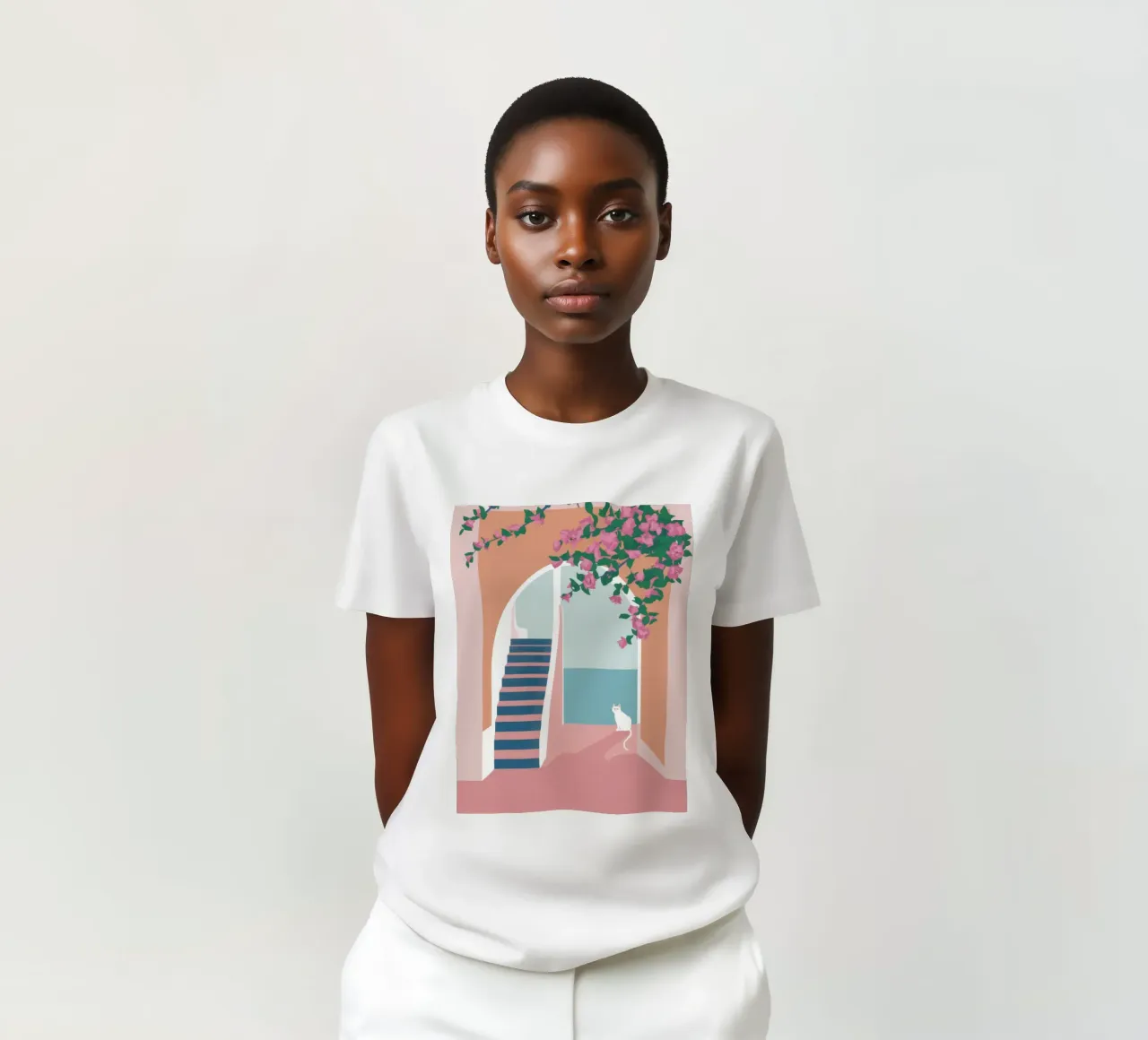 Scala del gatto bianco t-shirt da Muse Artworks