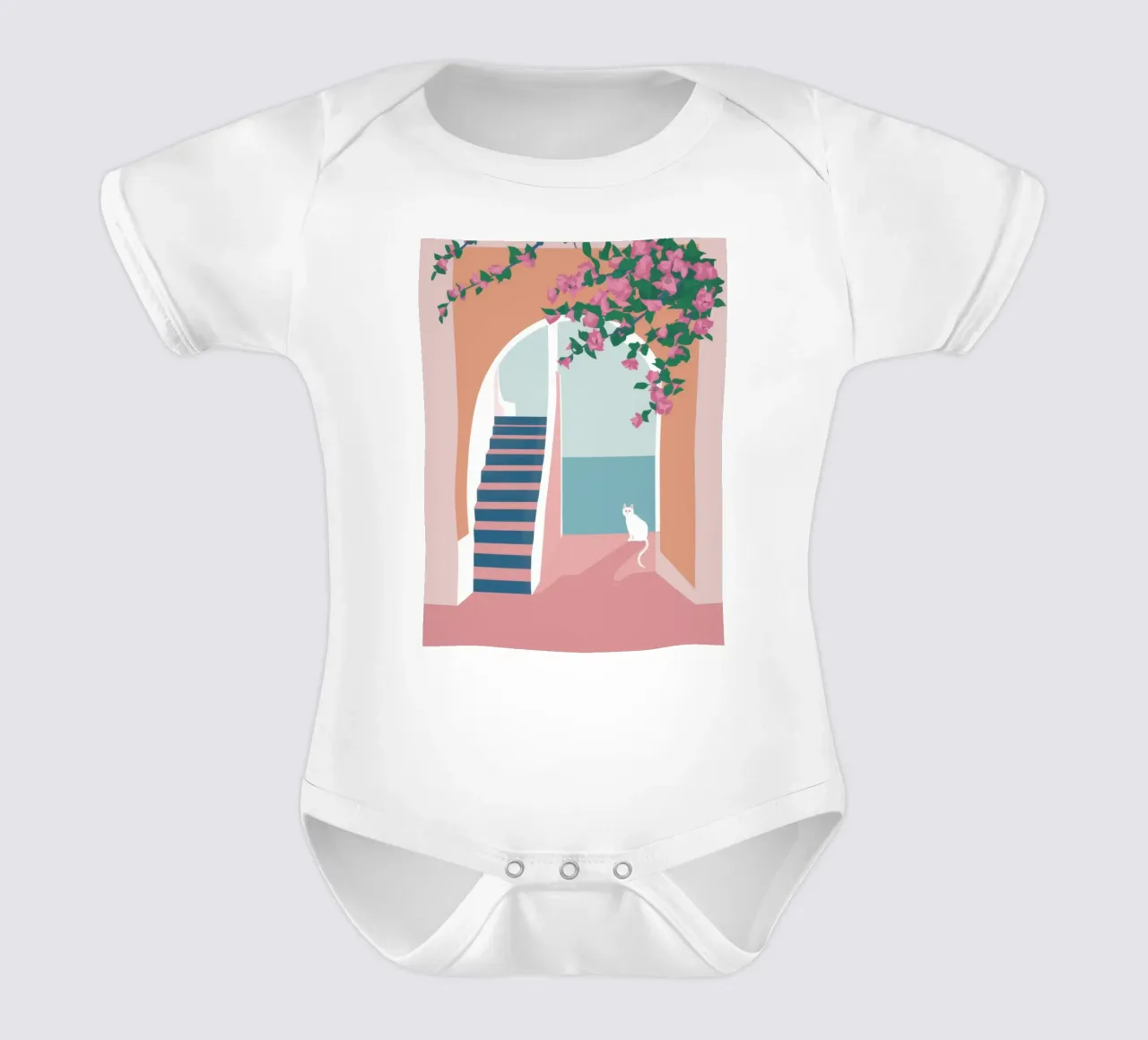 Scala del gatto bianco body neonato maniche corte da Muse Artworks