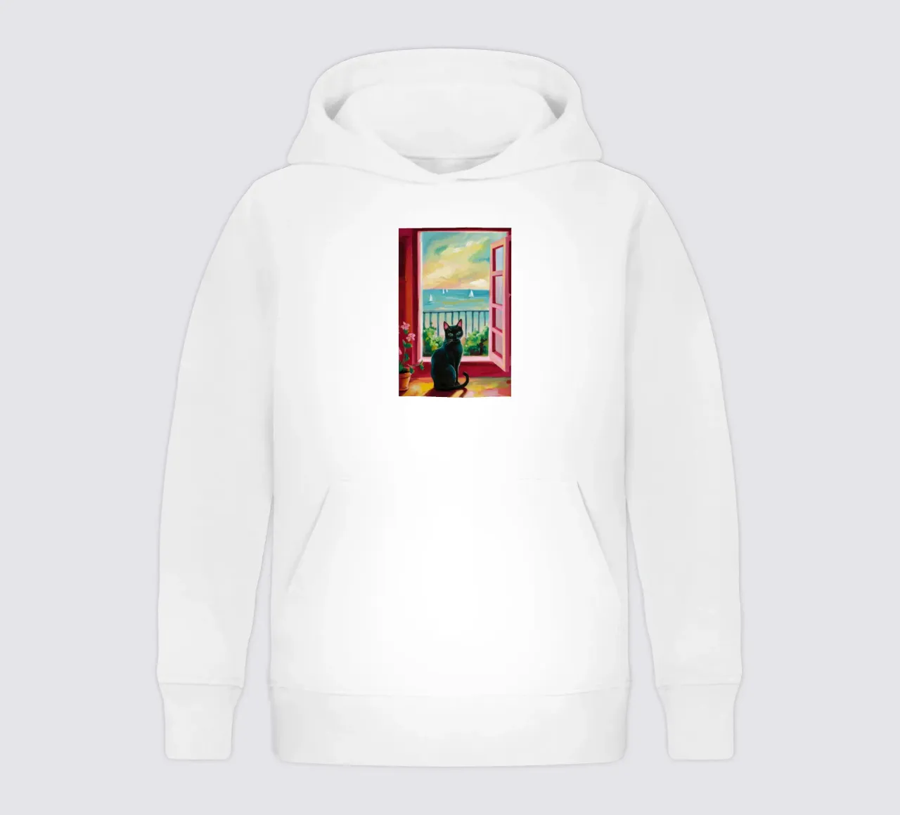 Sunset Balcony Cat kids hoodie by FadeAura