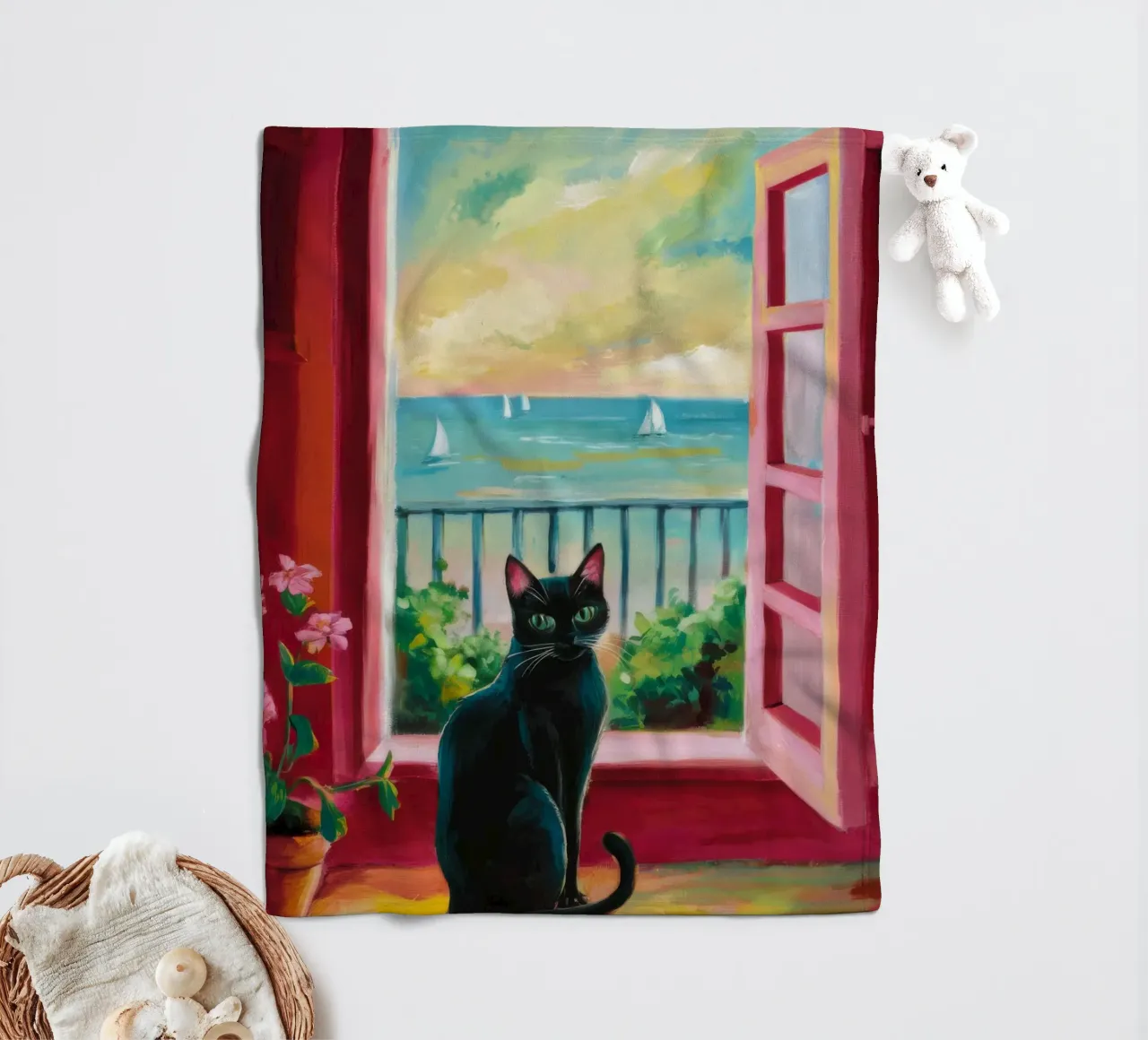 Sonnenuntergang Balkon Katze Fleecedecke von FadeAura