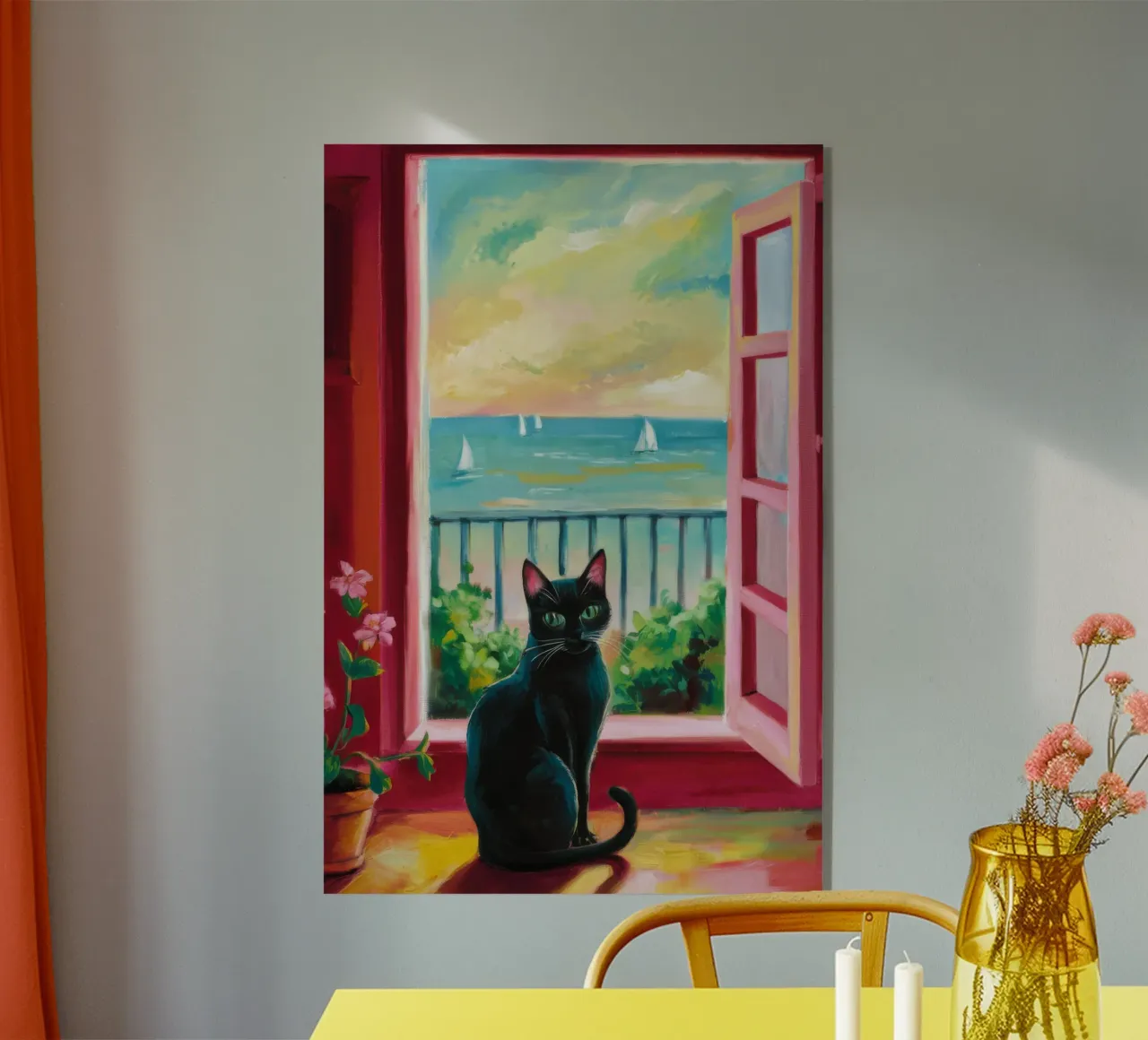 Sunset Balcony Cat acrylic glass by FadeAura