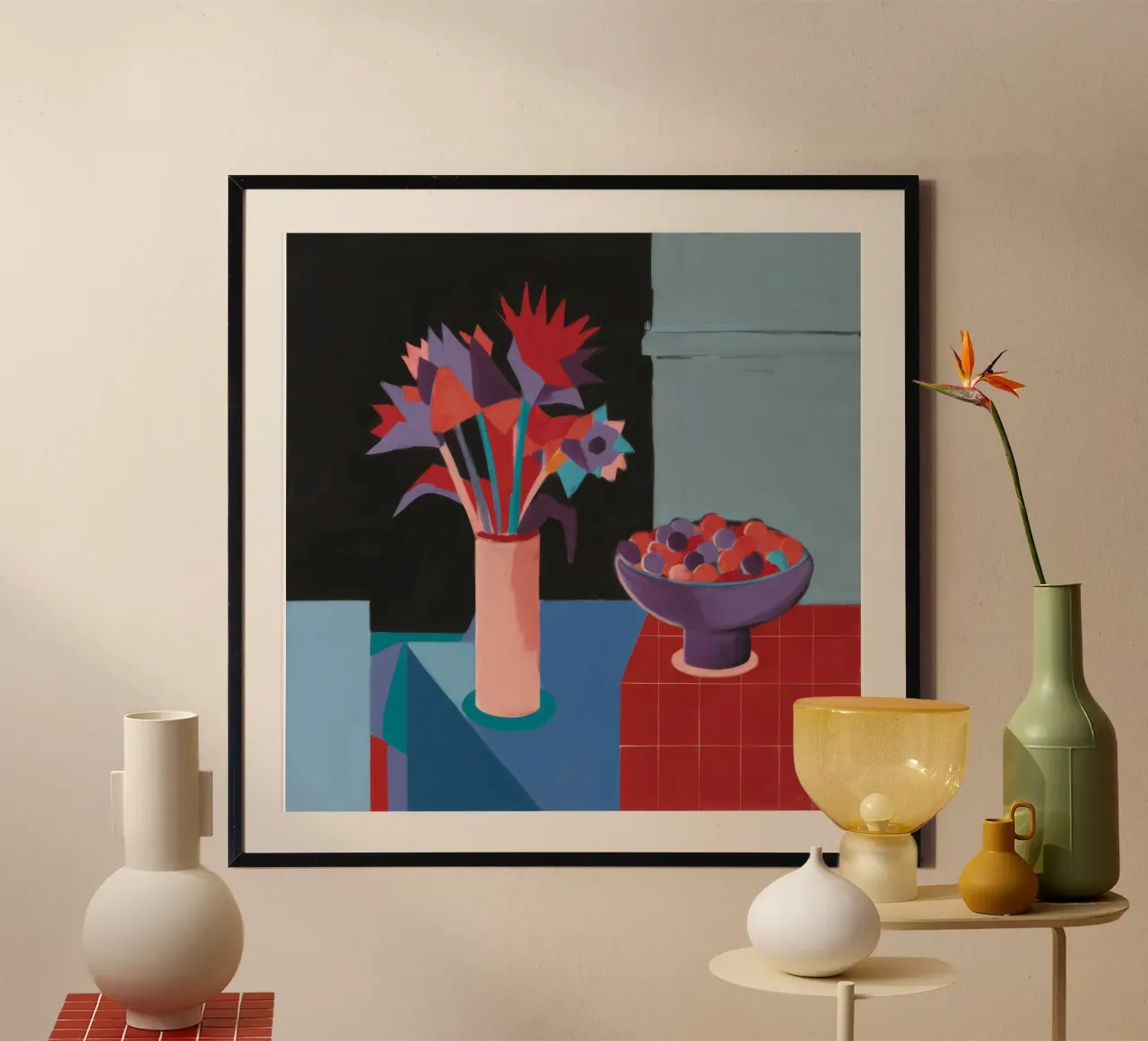 Natura morta di piastrelle rosse poster con telaio in plastica da Stone Decade