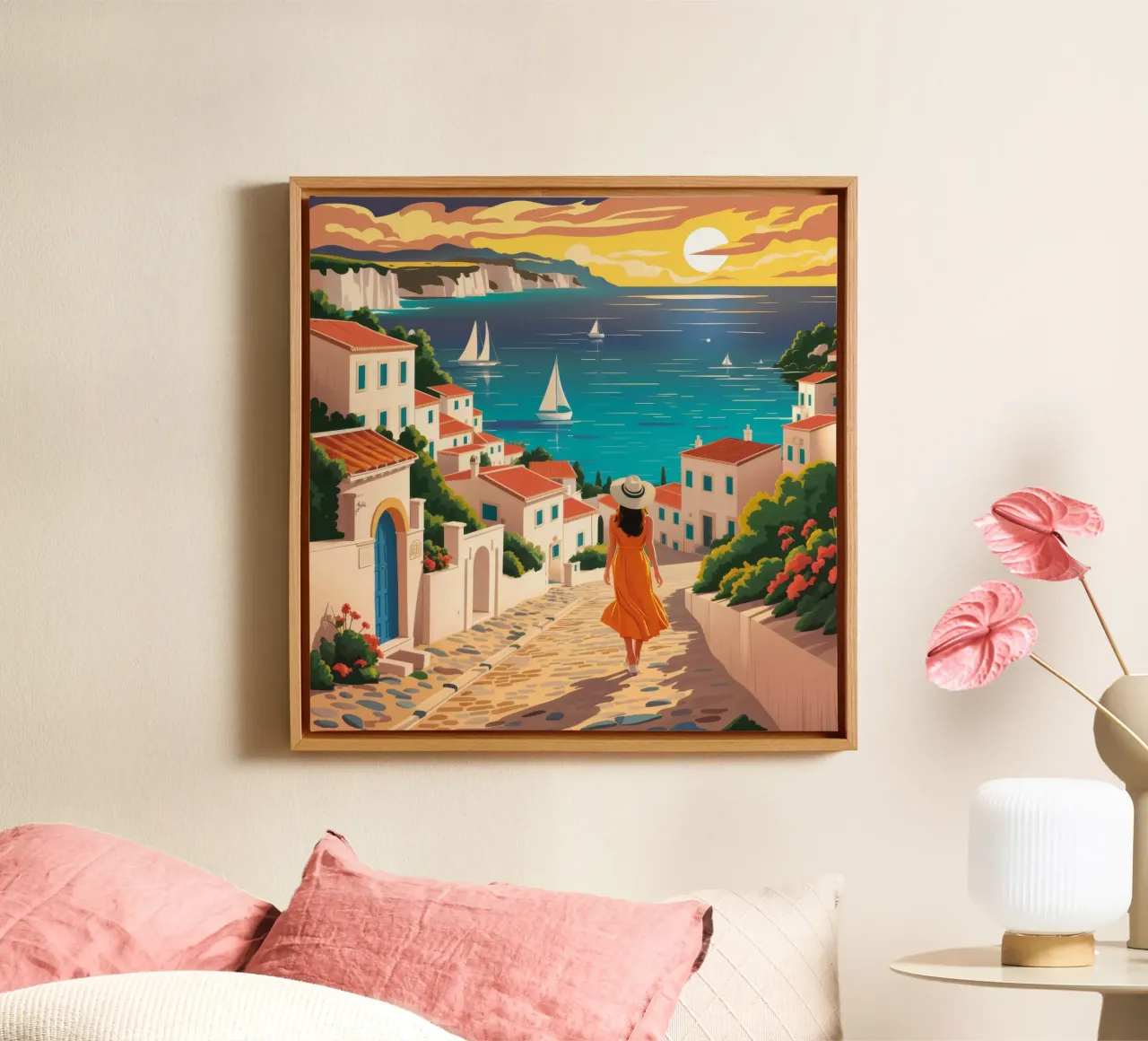 Strandwandeling Zonsondergang canvas met Baklijst van Muse Artworks