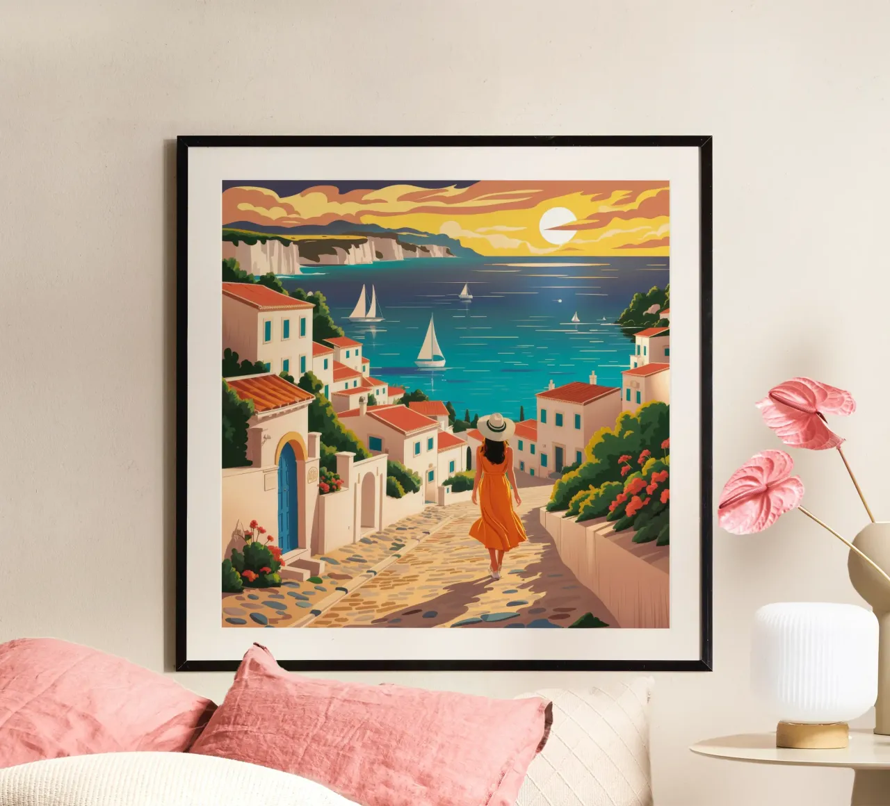 Passeggiata in riva al mare al tramonto poster con telaio in plastica da Muse Artworks