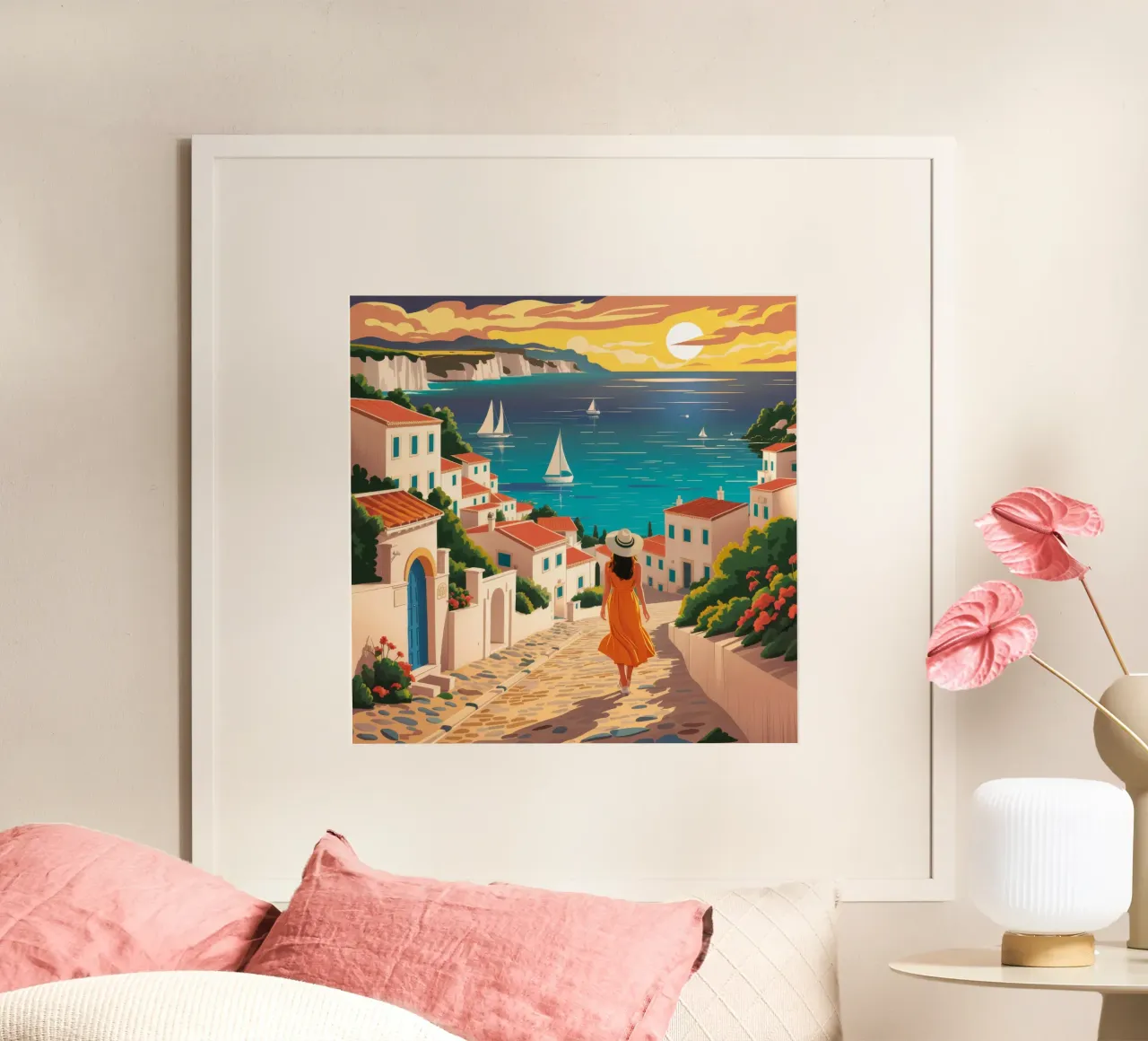Passeggiata in riva al mare al tramonto poster con telaio in plastica da Muse Artworks