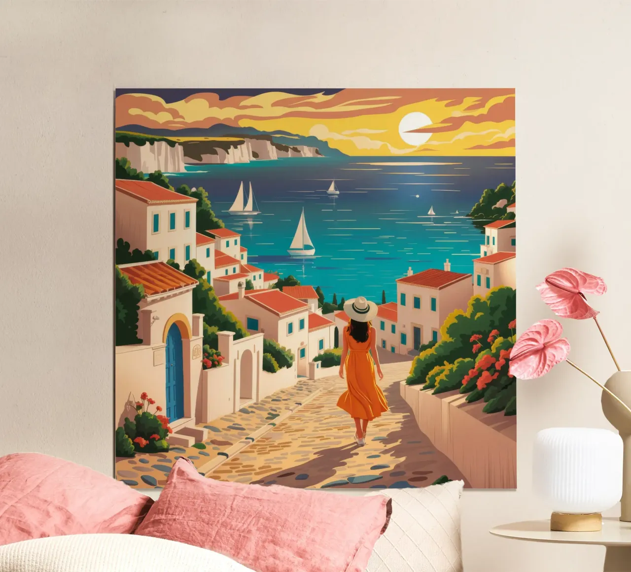 Passeggiata in riva al mare al tramonto poster con telaio in plastica da Muse Artworks