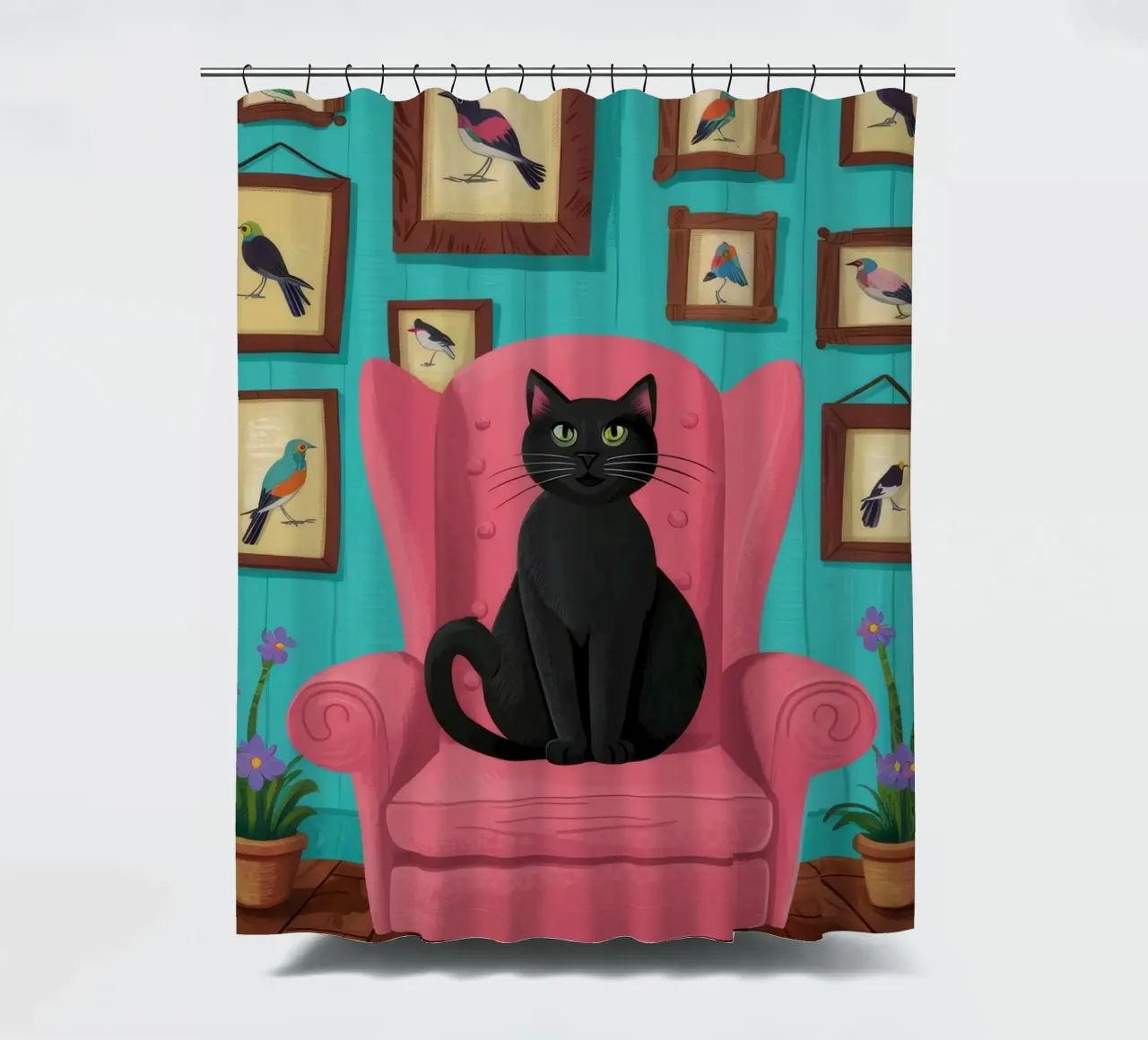 Pink Armchair Cat shower curtain by FadeAura