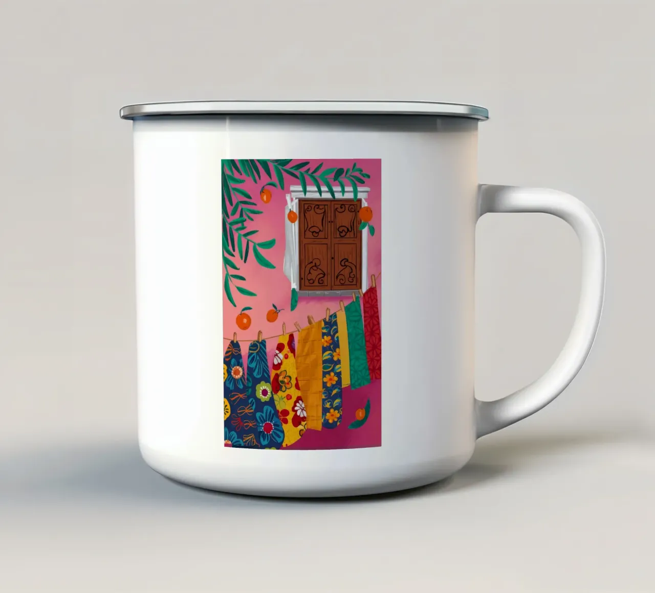 Eclectisch Hangend Textiel emaille mok van Muse Artworks