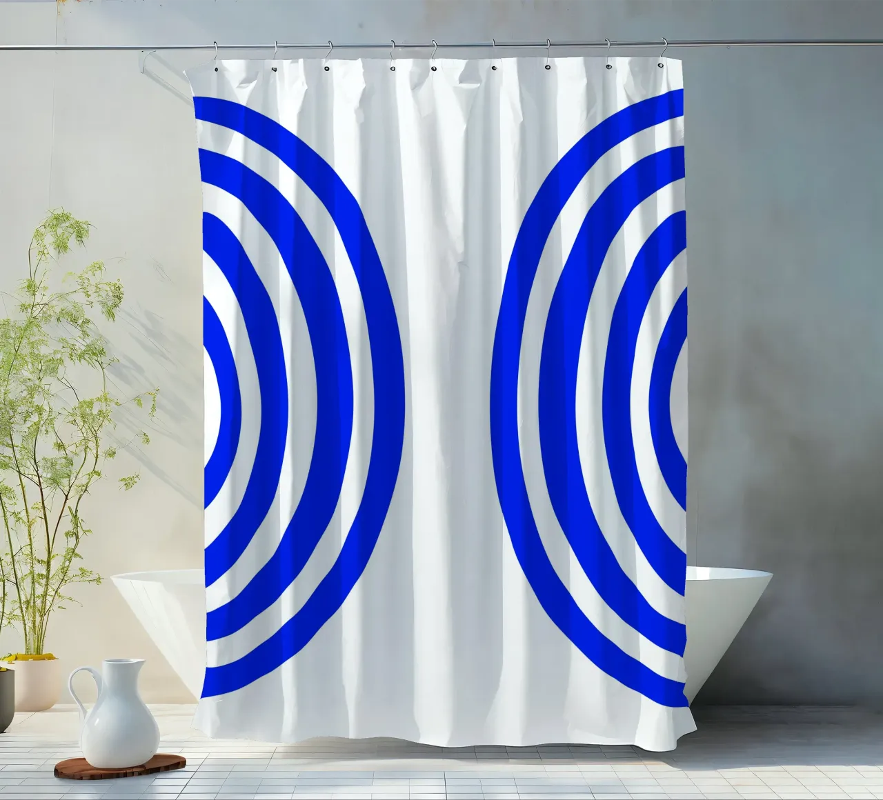 Blauw en wit abstract cirkelpatroon, halve cirkels douchegordijn van Lilou Art
