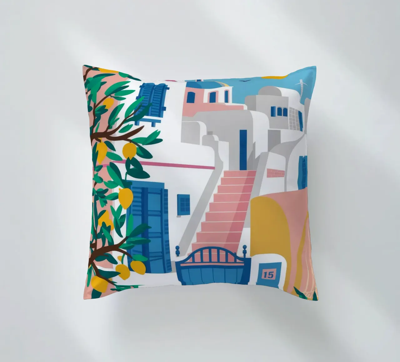 Porta blu Santorini cuscino da Muse Artworks
