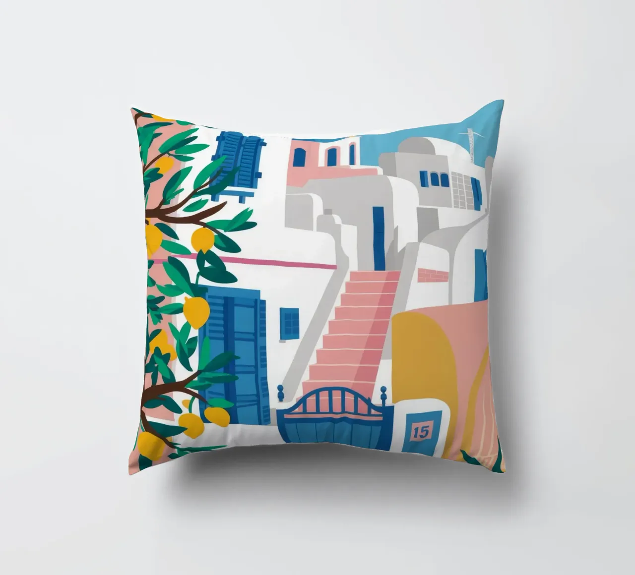 Porta blu Santorini cuscino da Muse Artworks