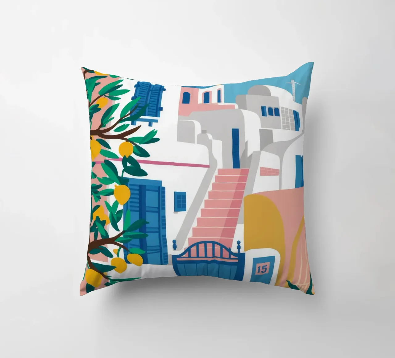 Porta blu Santorini cuscino da Muse Artworks