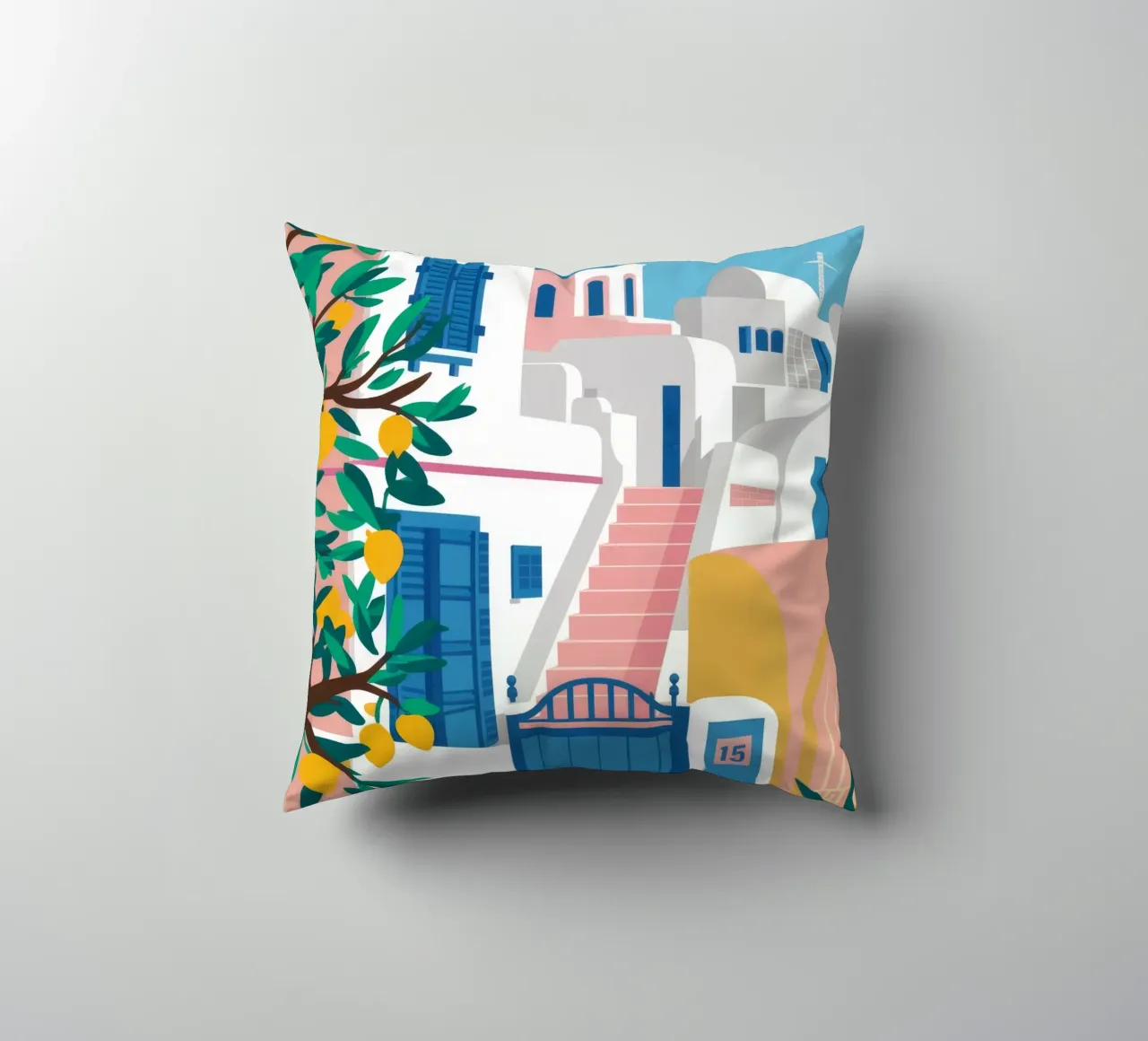 Porta blu Santorini cuscino da Muse Artworks