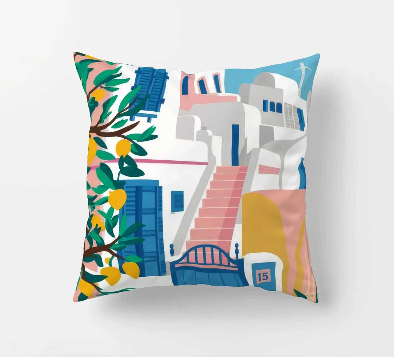 Porta blu Santorini cuscino da Muse Artworks