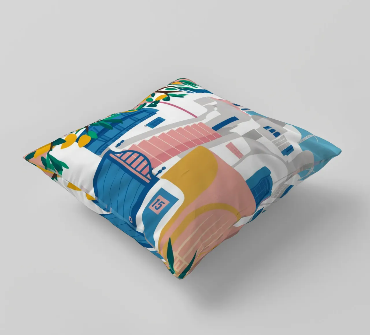 Porta blu Santorini cuscino da Muse Artworks