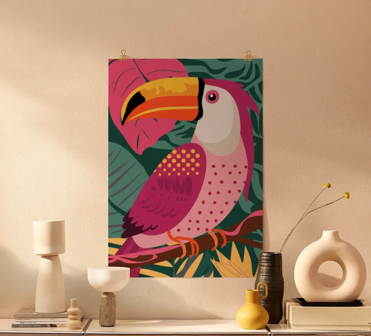 Tucano rosa dei tropici poster con telaio in legno da FadeAura