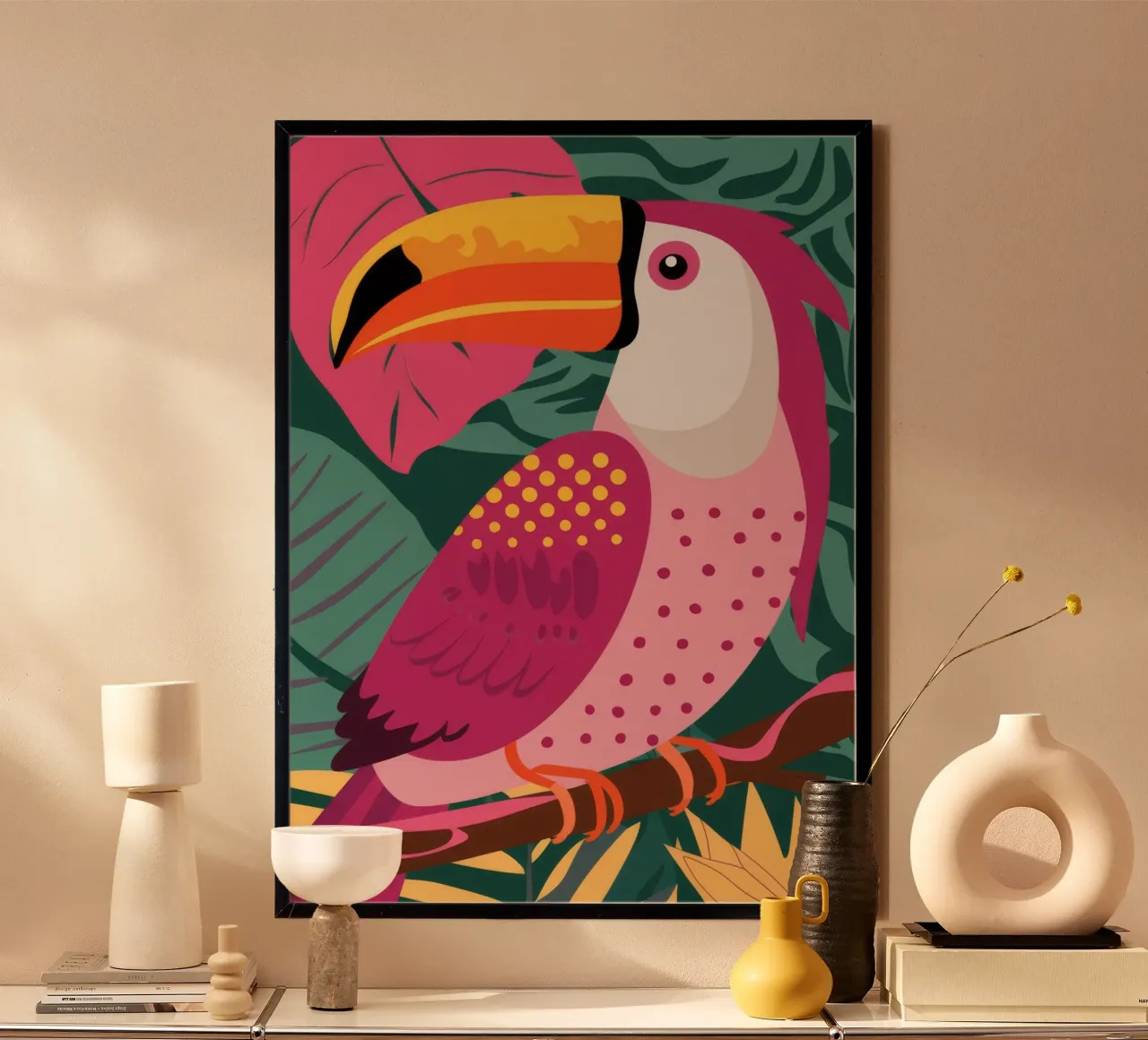 Tucano rosa dei tropici poster con telaio in legno da FadeAura