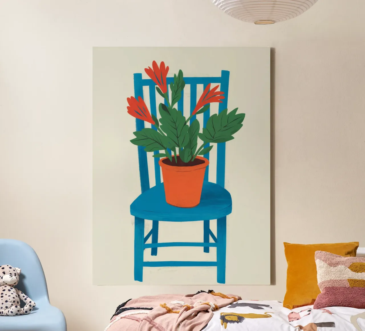 Blauer Stuhl Geranie Leinwand mit Schattenfugenrahmen von Muse Artworks