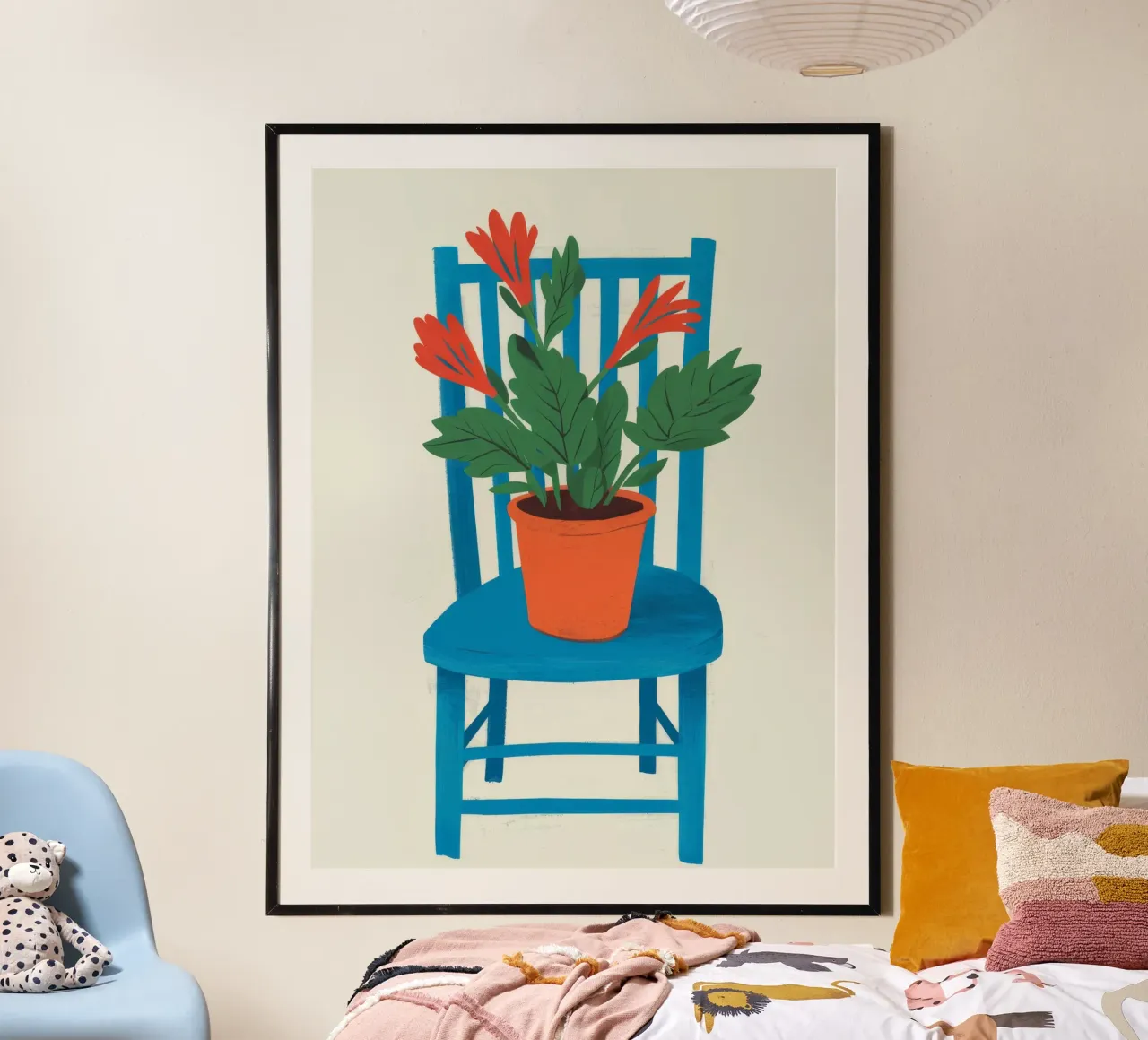 Geranio blu della sedia poster con telaio in legno da Muse Artworks