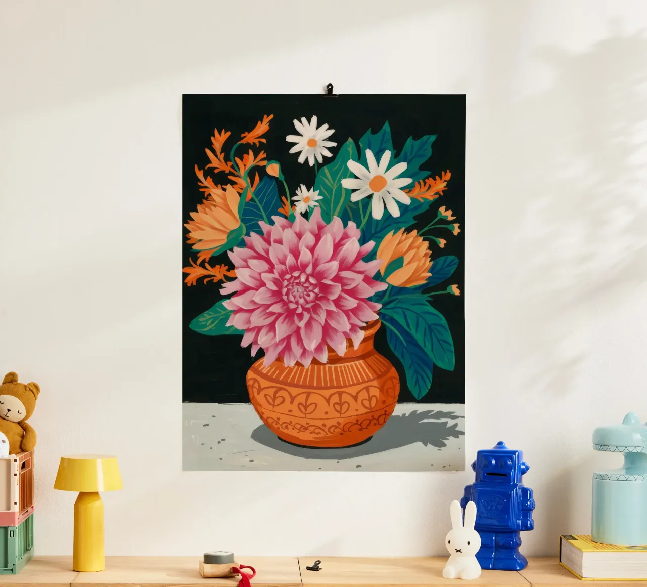 Terracotta Pot Daliahs poster con telaio in plastica da FadeAura