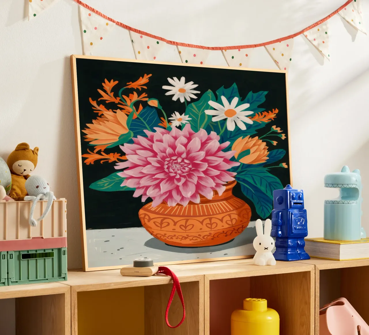 Terracotta Pot Daliahs poster con telaio in plastica da FadeAura