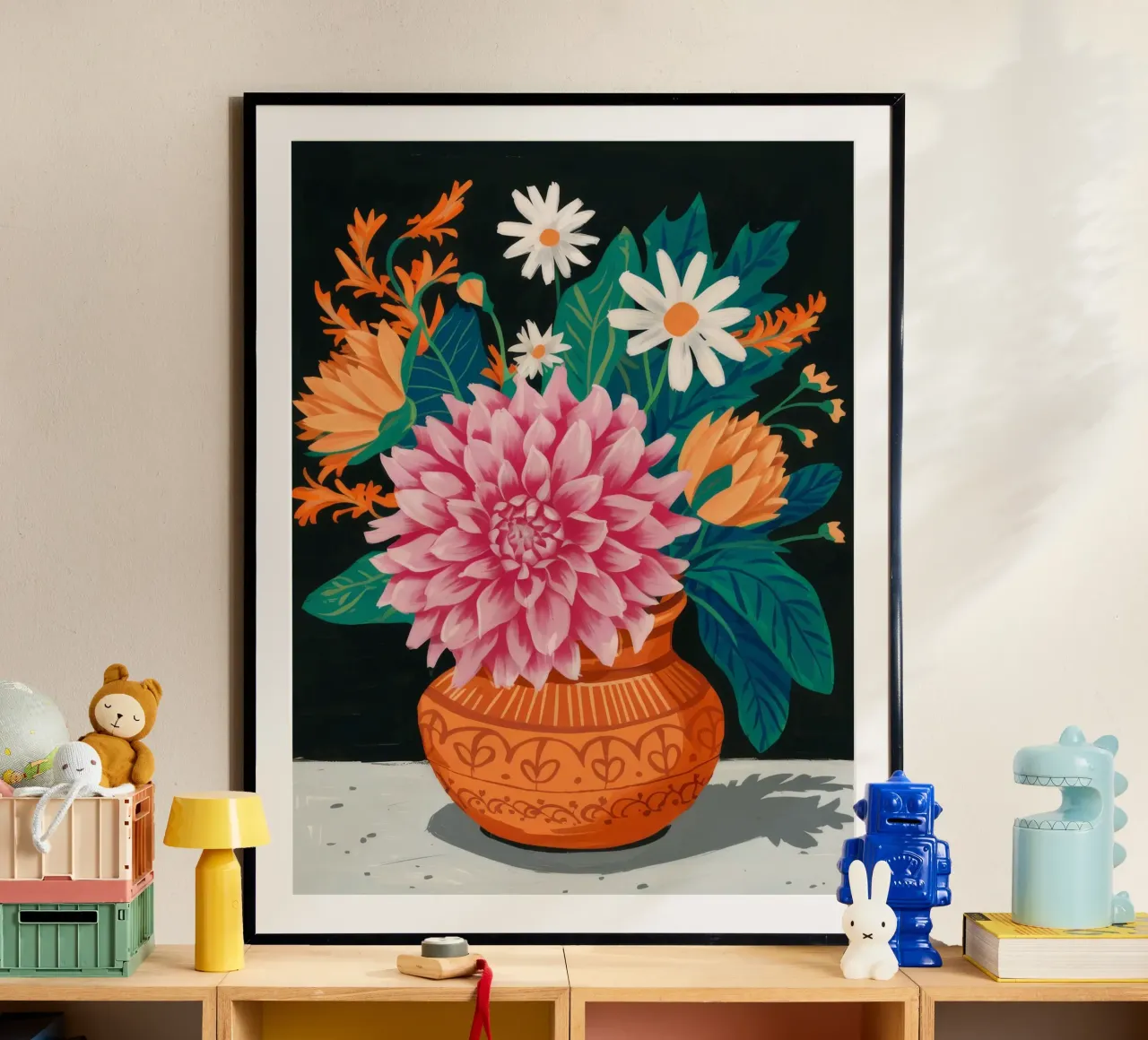 Terracotta Pot Daliahs poster con telaio in plastica da FadeAura
