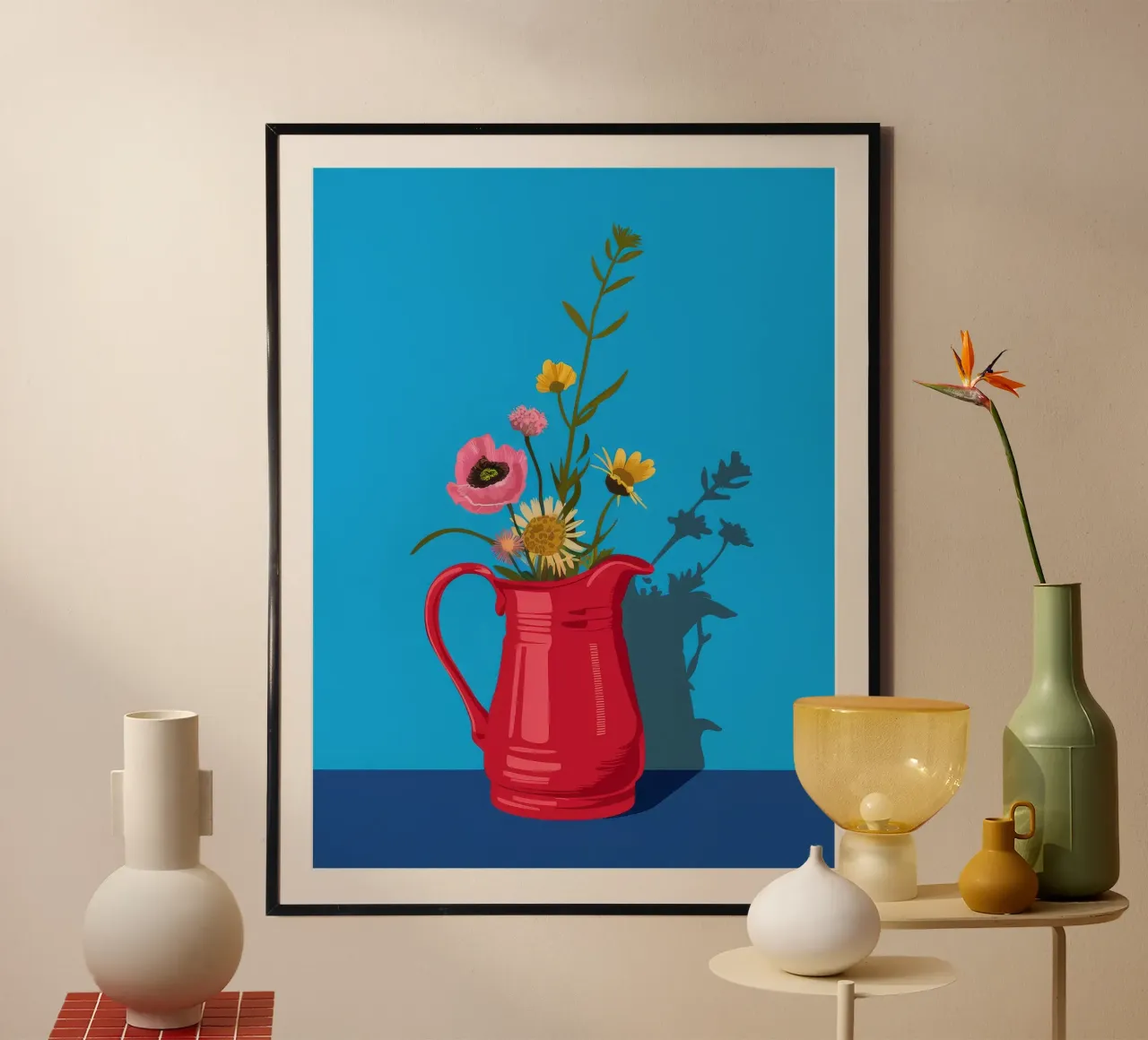 Brocca rossa Fiori blu poster con telaio in legno da Muse Artworks