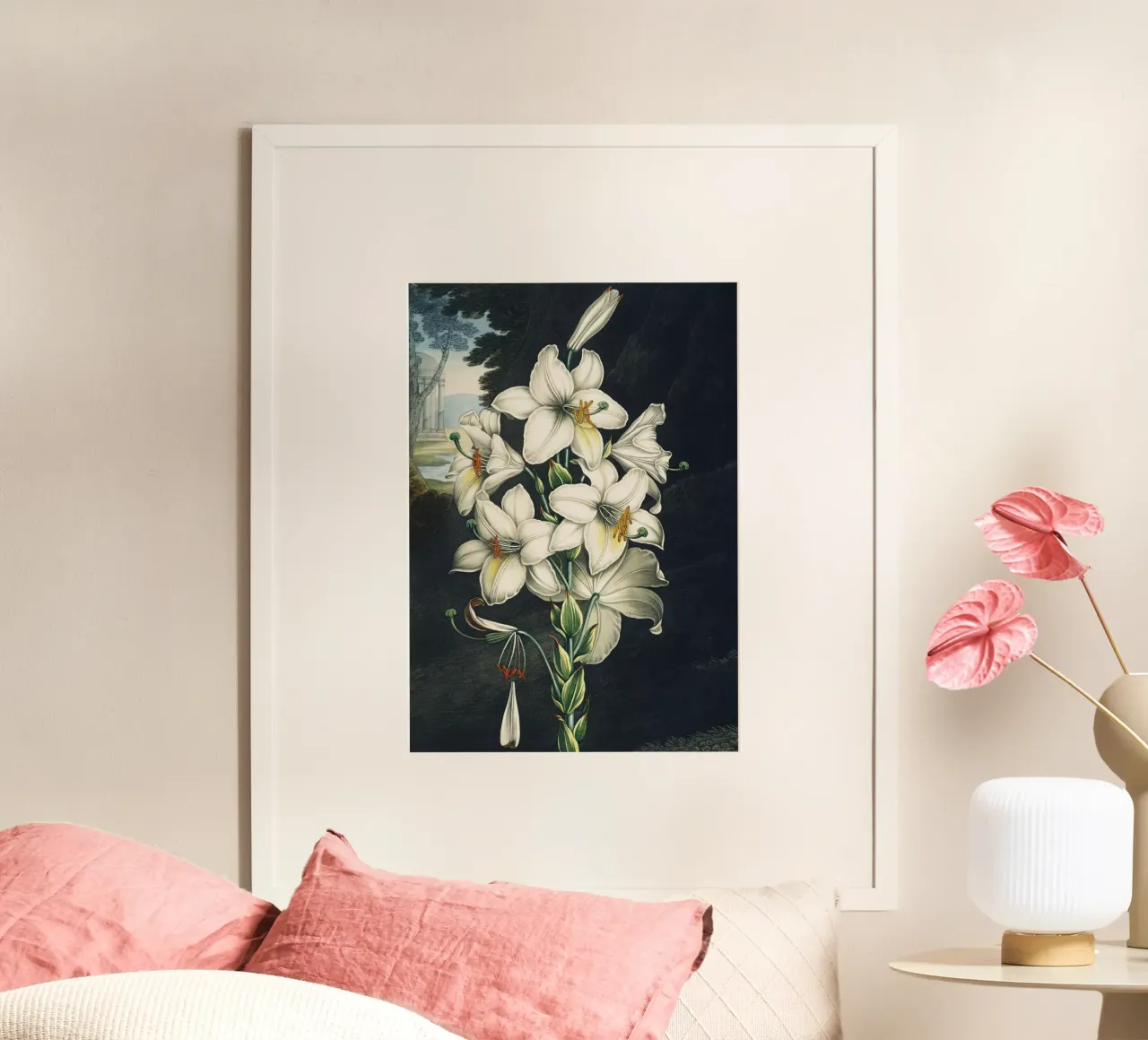 Vintage Thornton 2 White Lily poster con telaio in plastica da Vintage Print Collection