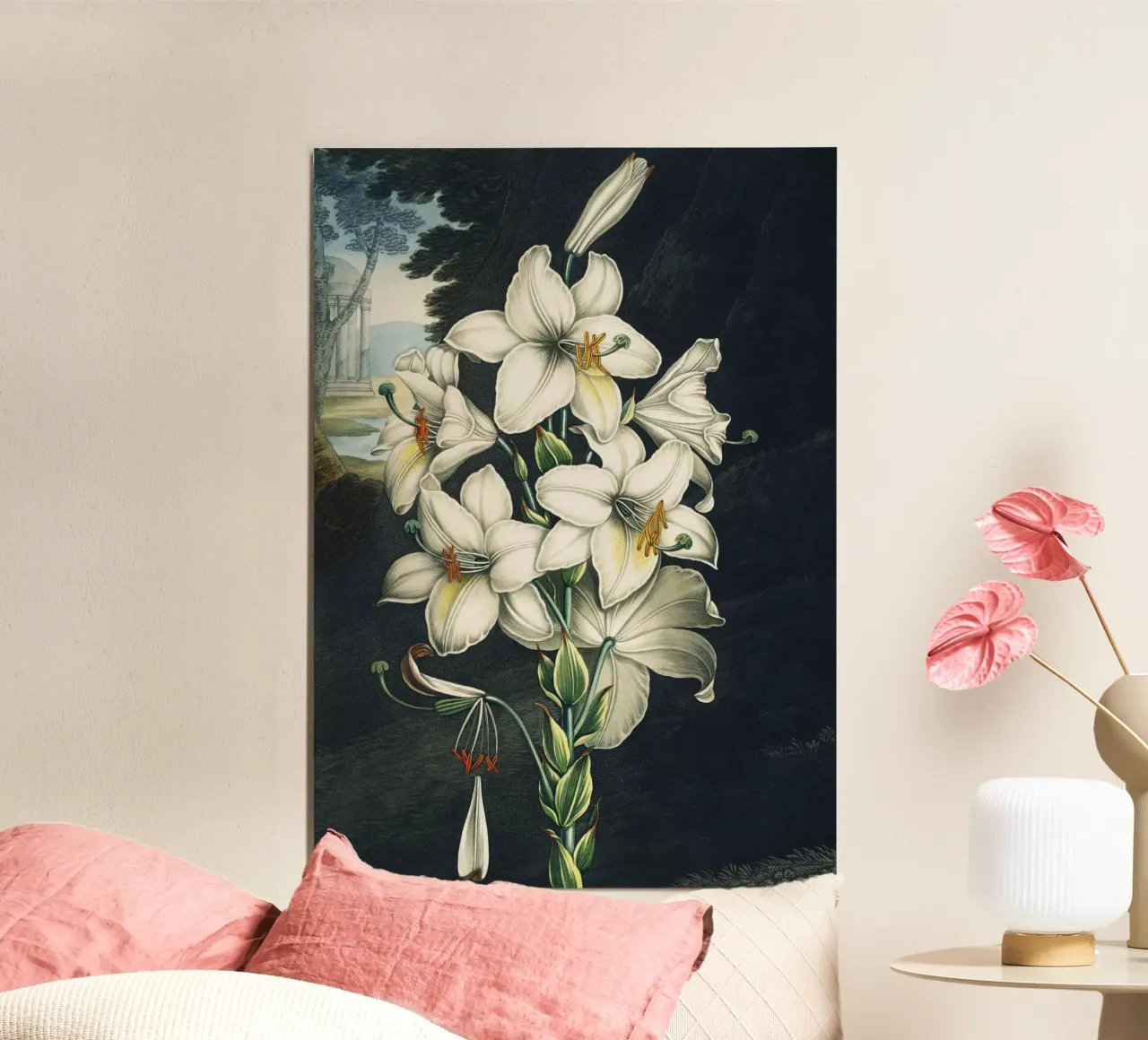 Vintage Thornton 2 White Lily poster con telaio in plastica da Vintage Print Collection