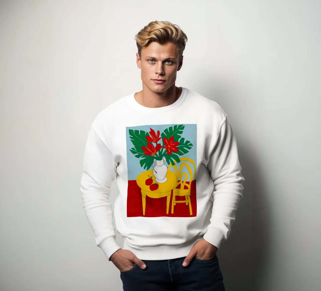 Table rouge Chaise jaune sweat de Muse Artworks