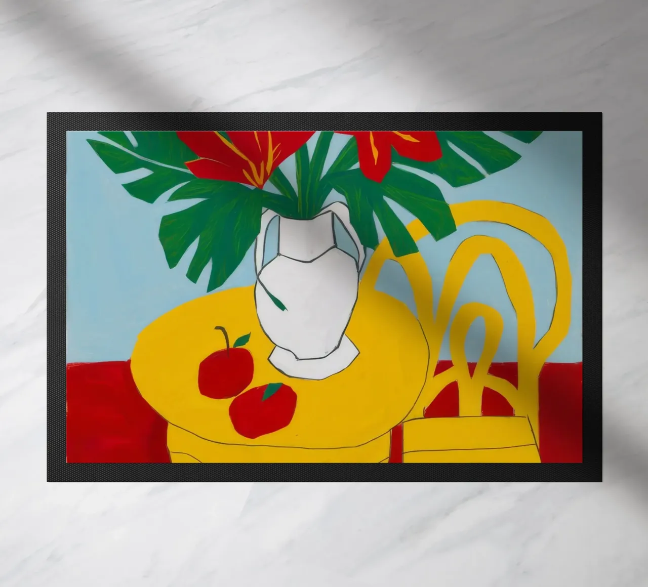 Table rouge Chaise jaune paillasson de Muse Artworks