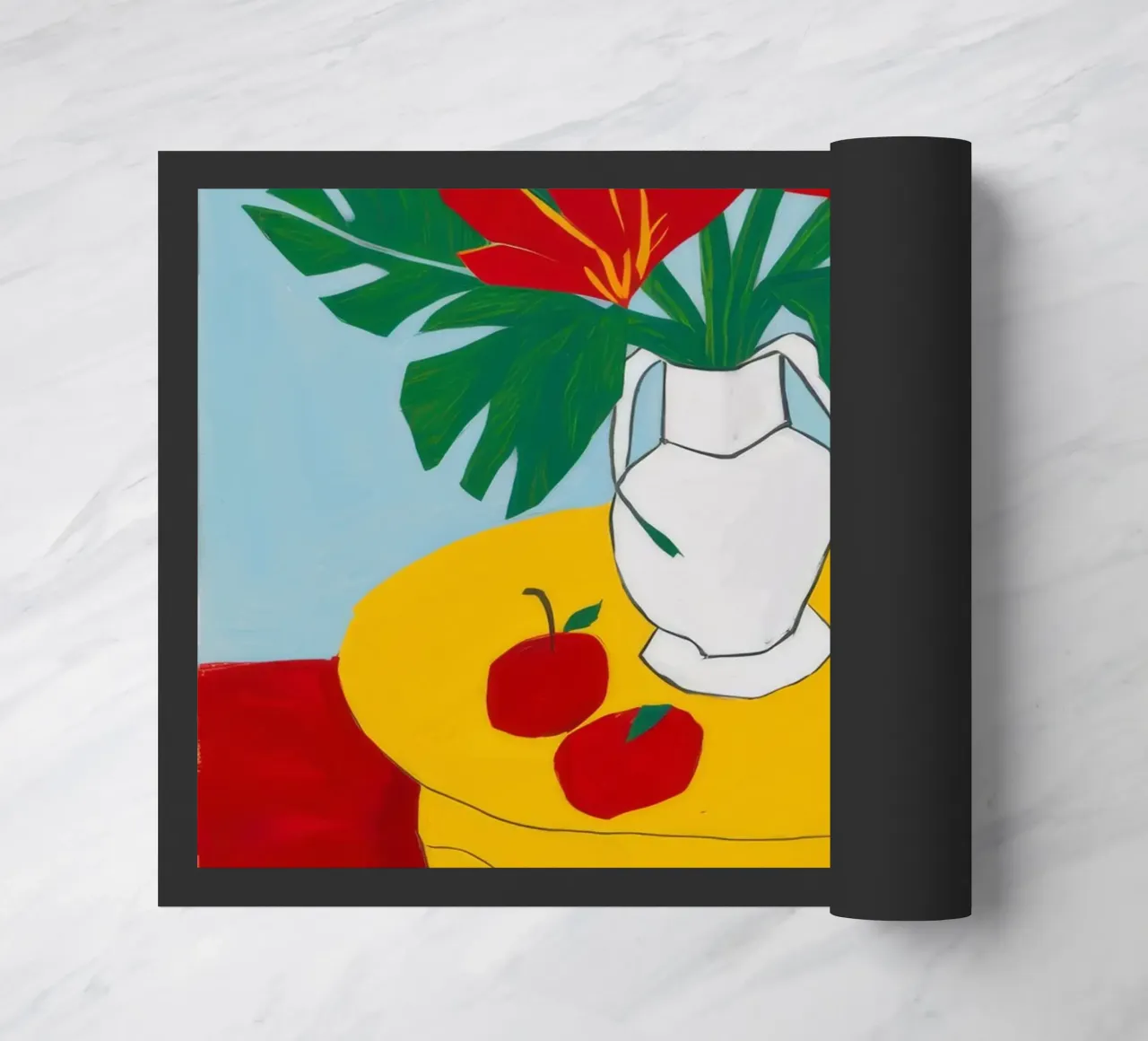 Table rouge Chaise jaune paillasson de Muse Artworks