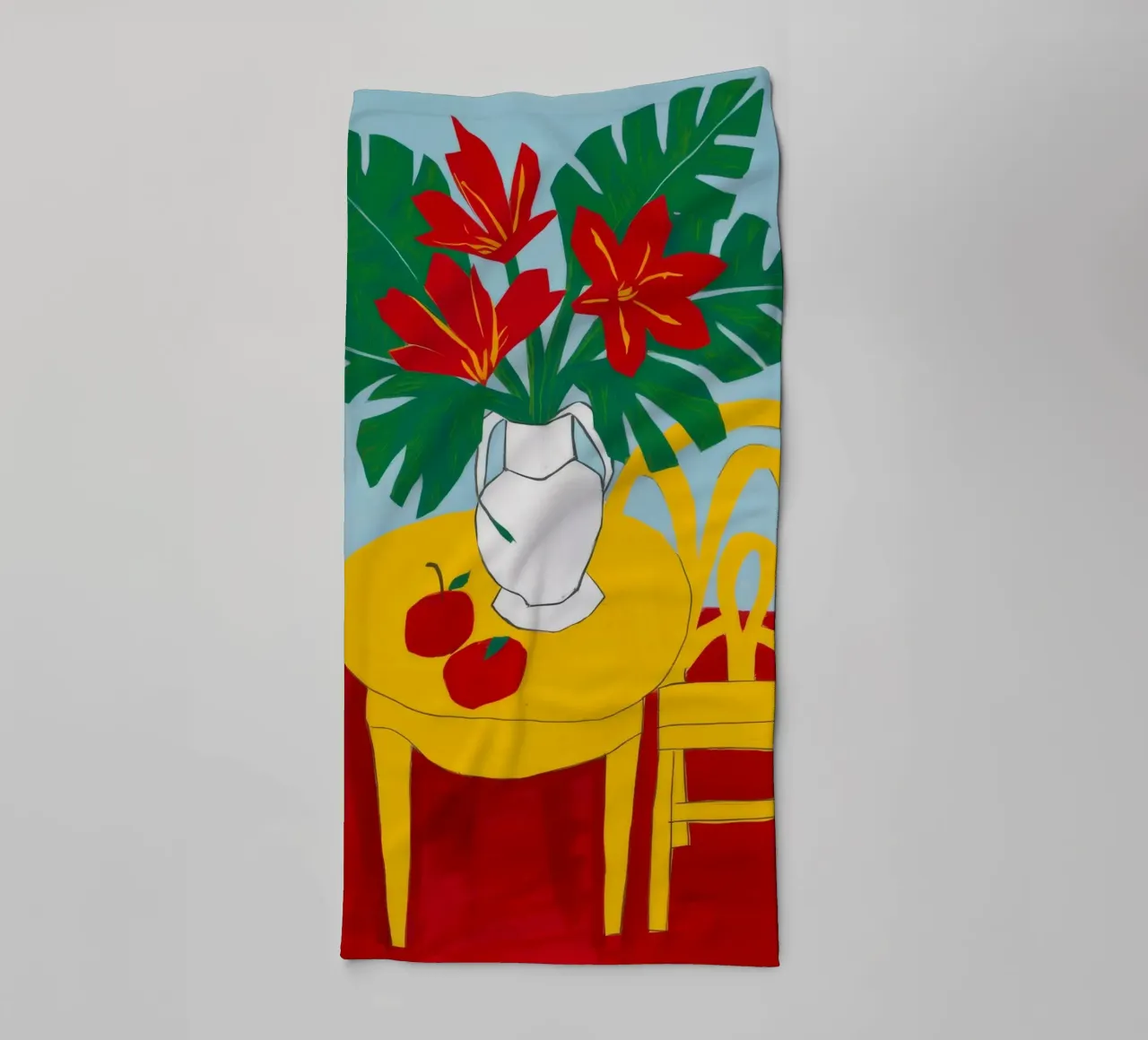 Table rouge Chaise jaune serviette de bain de Muse Artworks