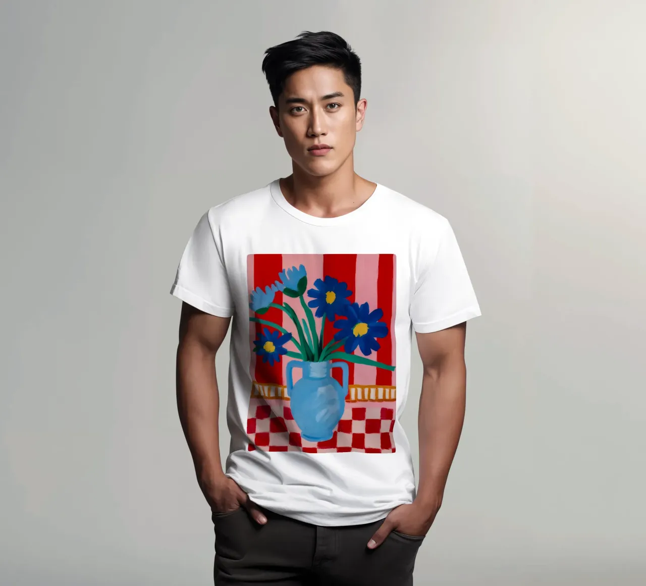 Blue Vase Checkered Table t-shirt by FadeAura
