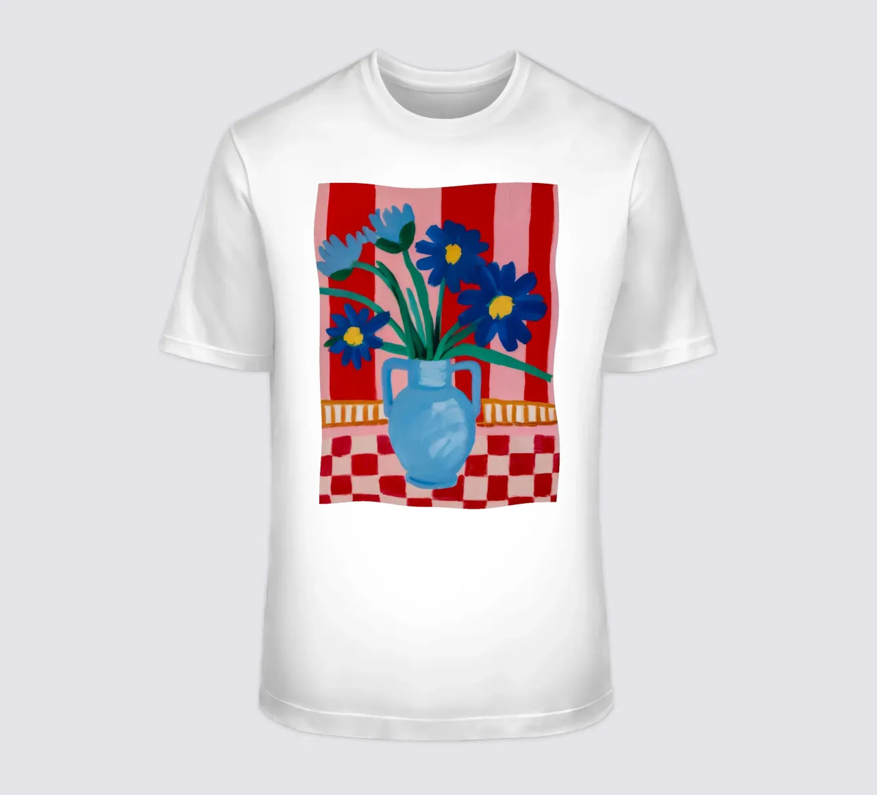 Blue Vase Checkered Table t-shirt by FadeAura