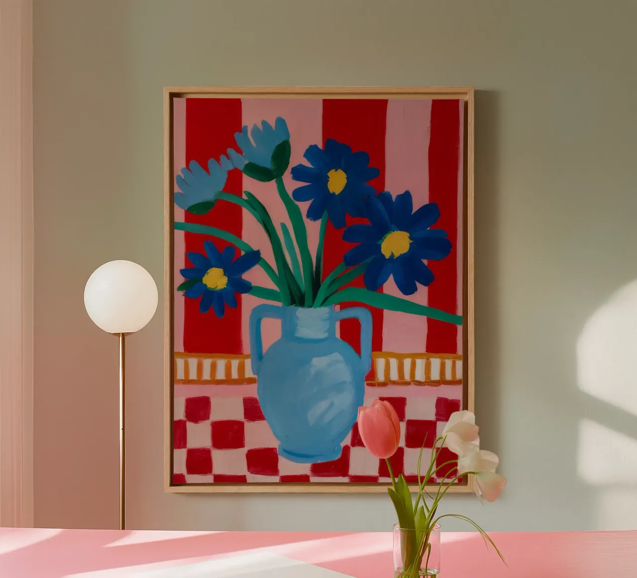 Blauwe Vaas Geruite Tafel canvas met Baklijst van FadeAura