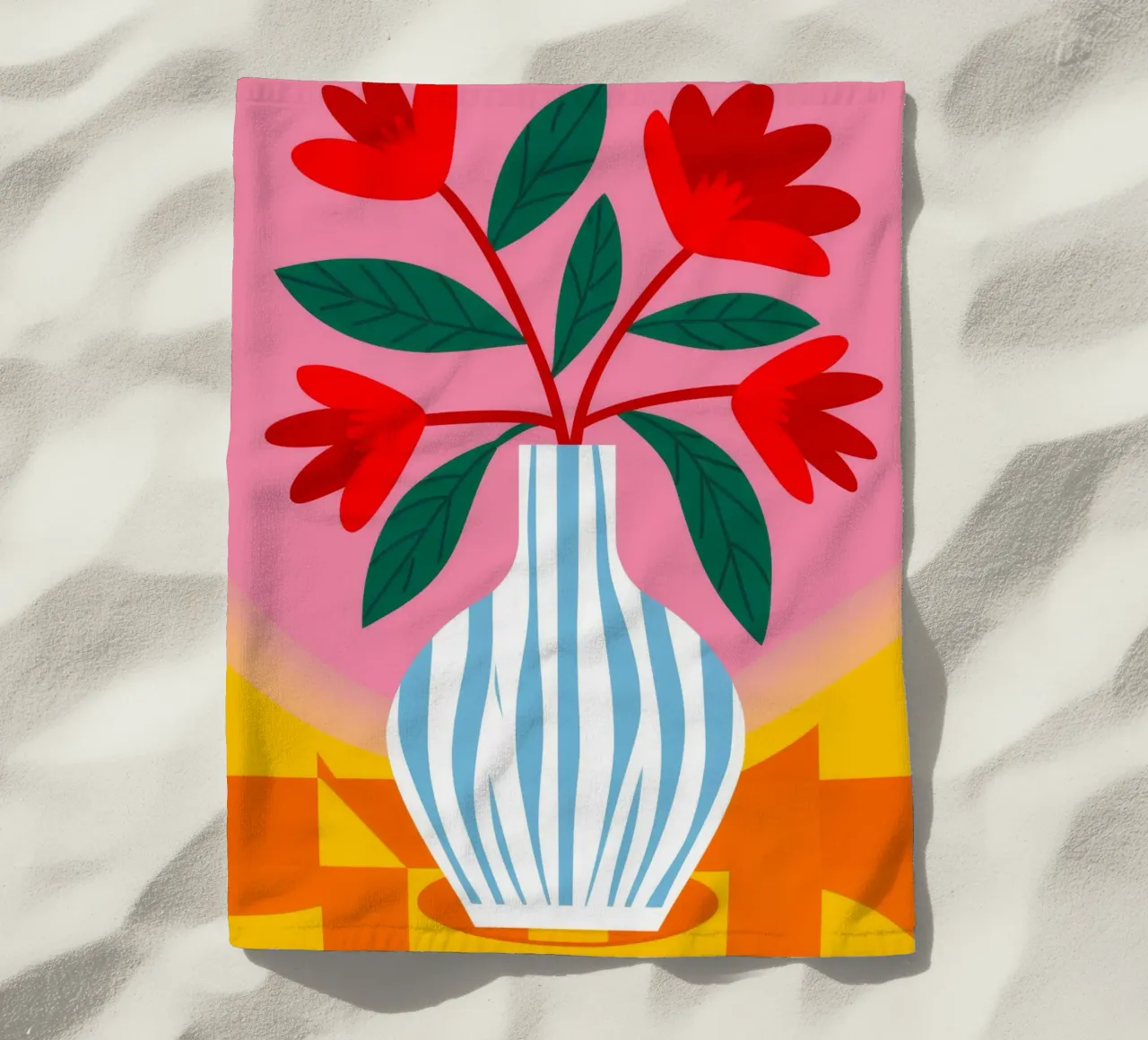 Blauw streepje rode bloemen strandhanddoek van Haven Fantasy