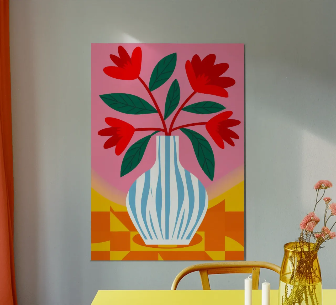 Blue Stripe Red Flowers alu-dibond by Haven Fantasy