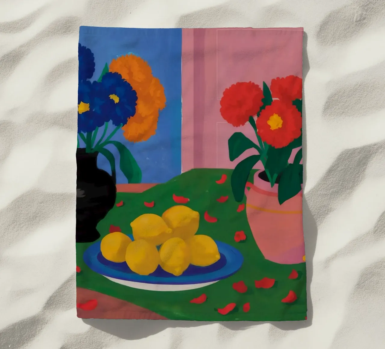 Black Pitcher Lemon Table beach towel by Stone Decade