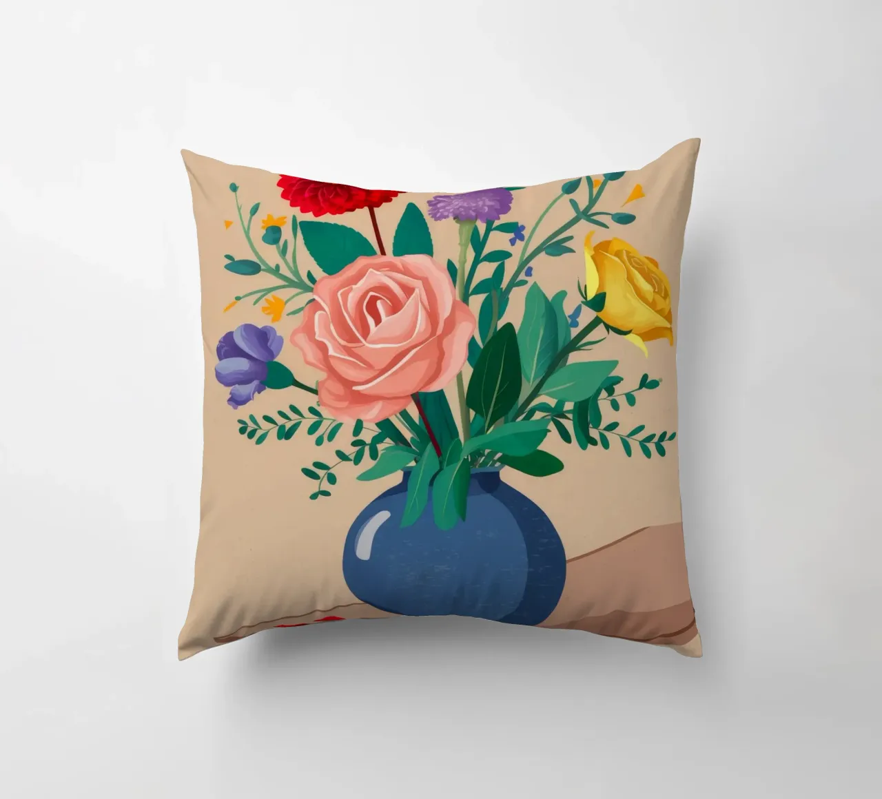 Bouquet misto in vaso blu cuscino da Muse Artworks