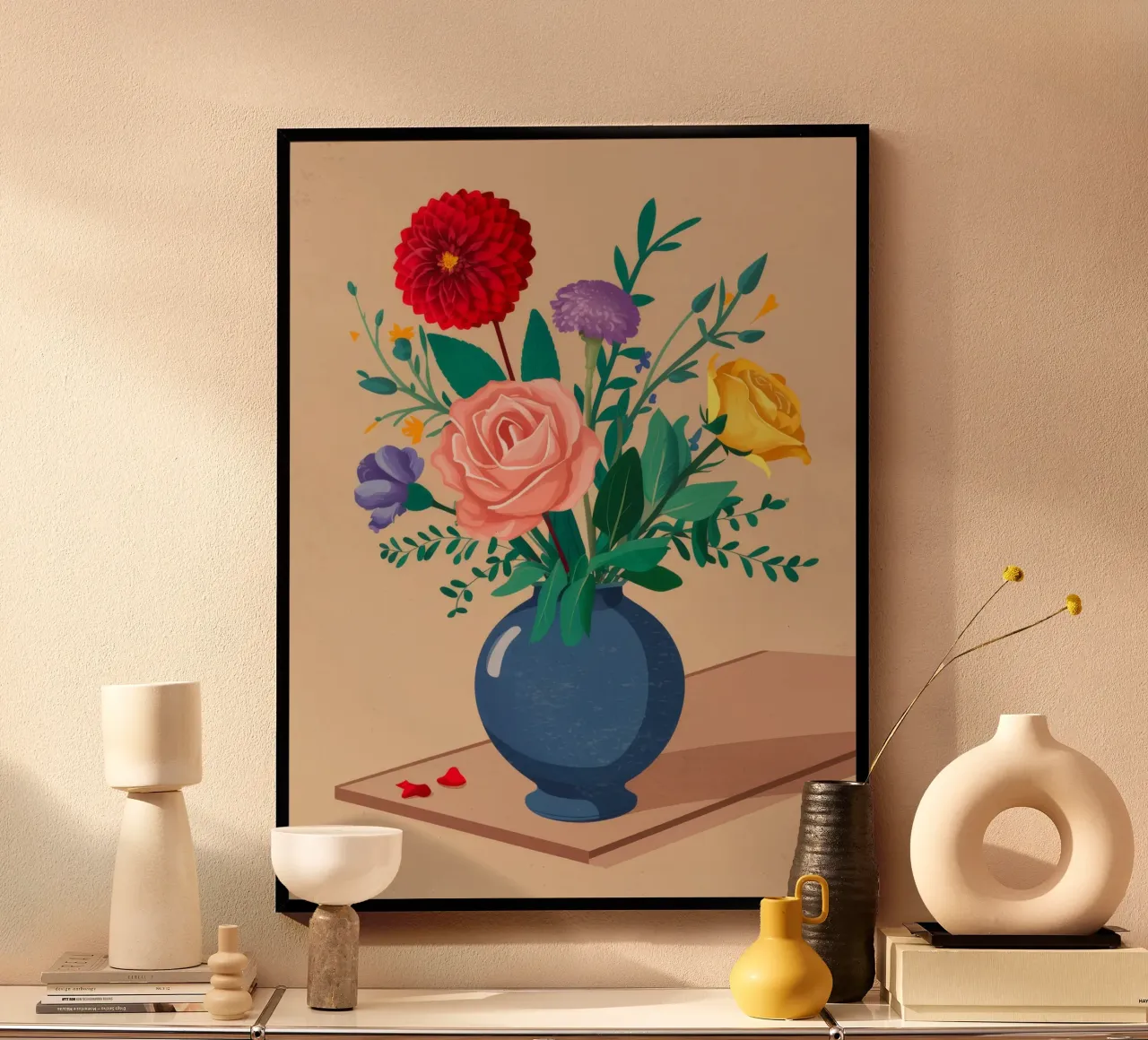 Bouquet misto in vaso blu poster con telaio in legno da Muse Artworks