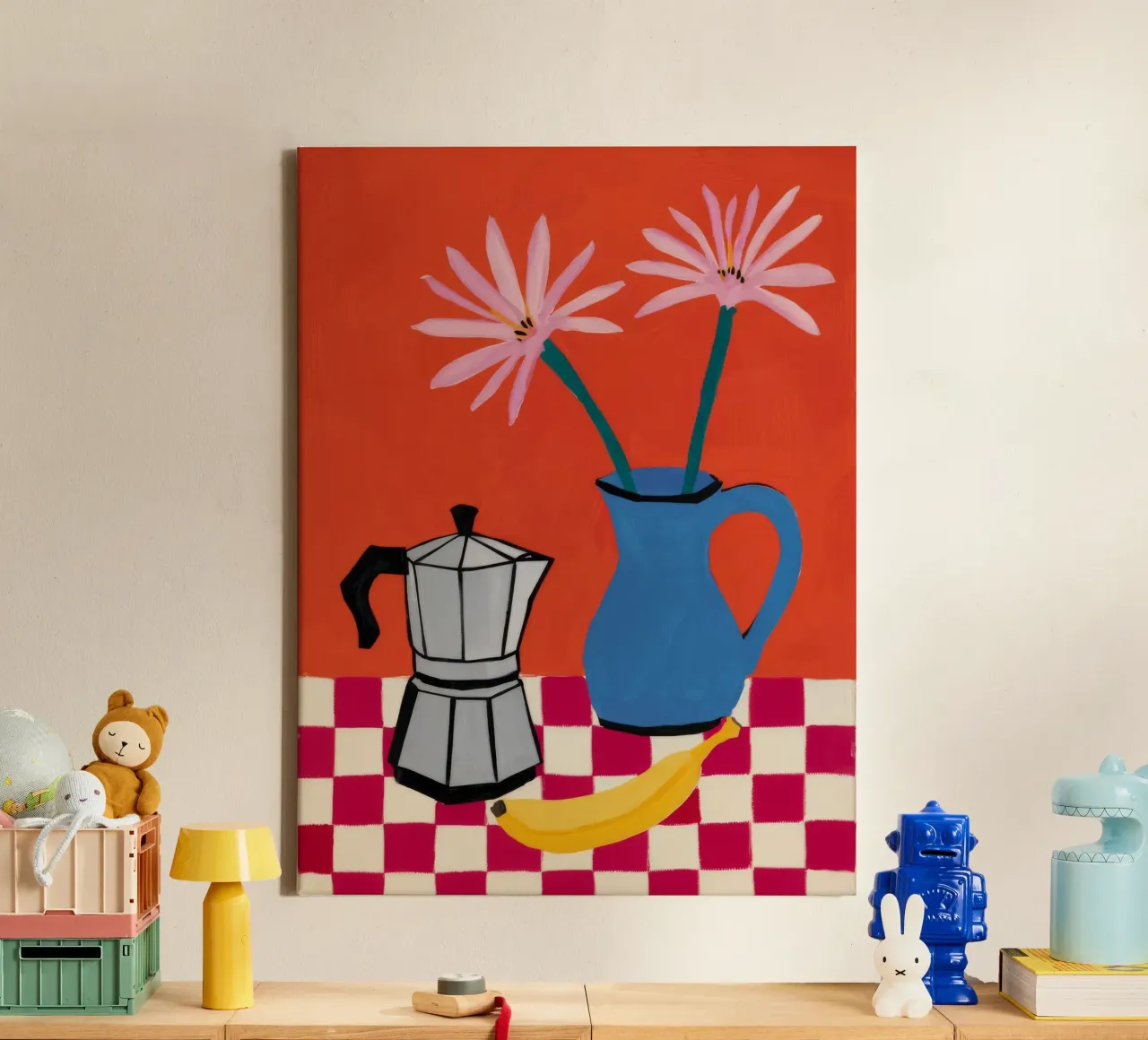 Mokkakanne mit Schachbrettboden Leinwand mit Schattenfugenrahmen von Muse Artworks