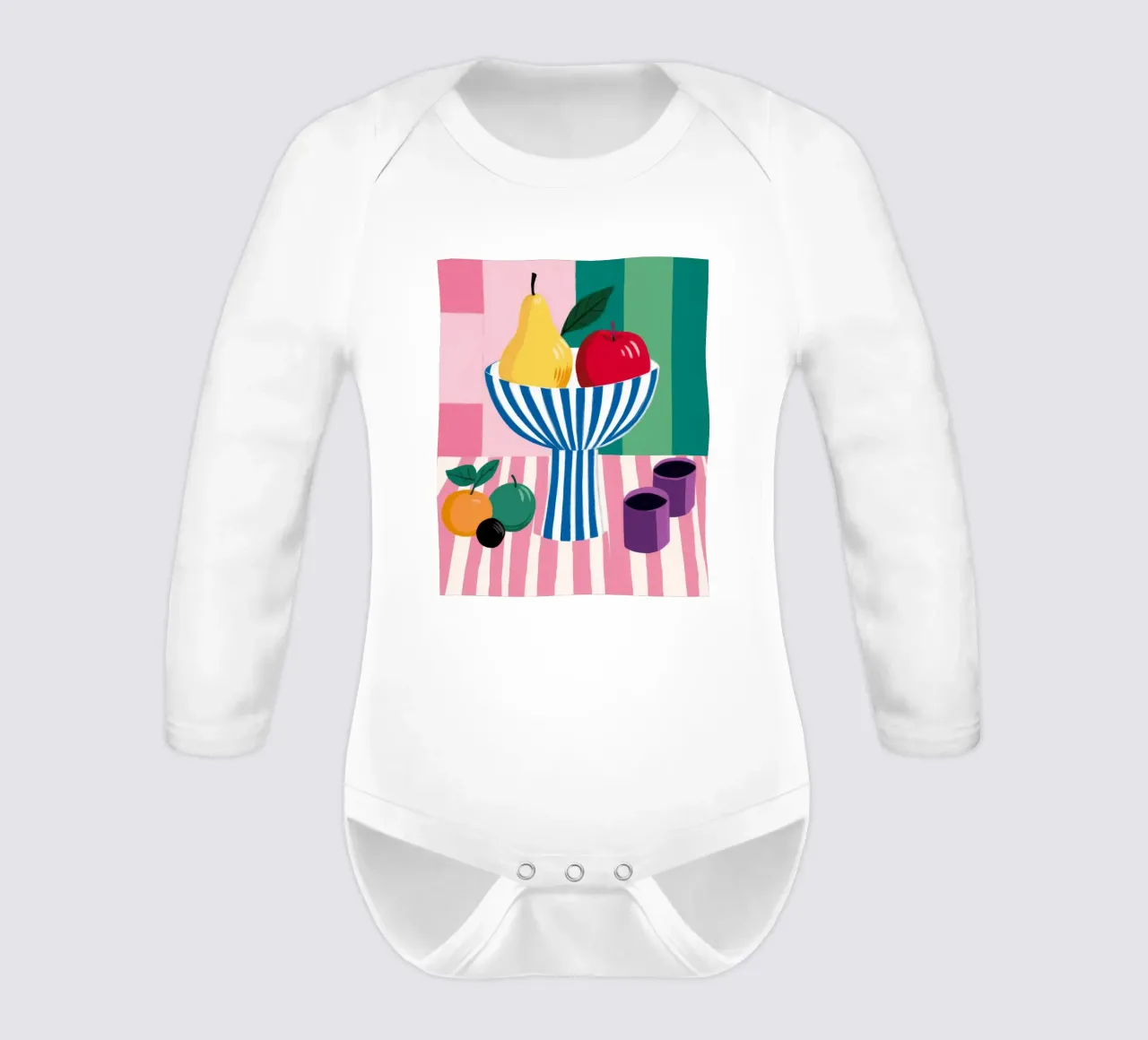 Striped Bowl Apple Pear long-sleeve baby romper by Haven Fantasy