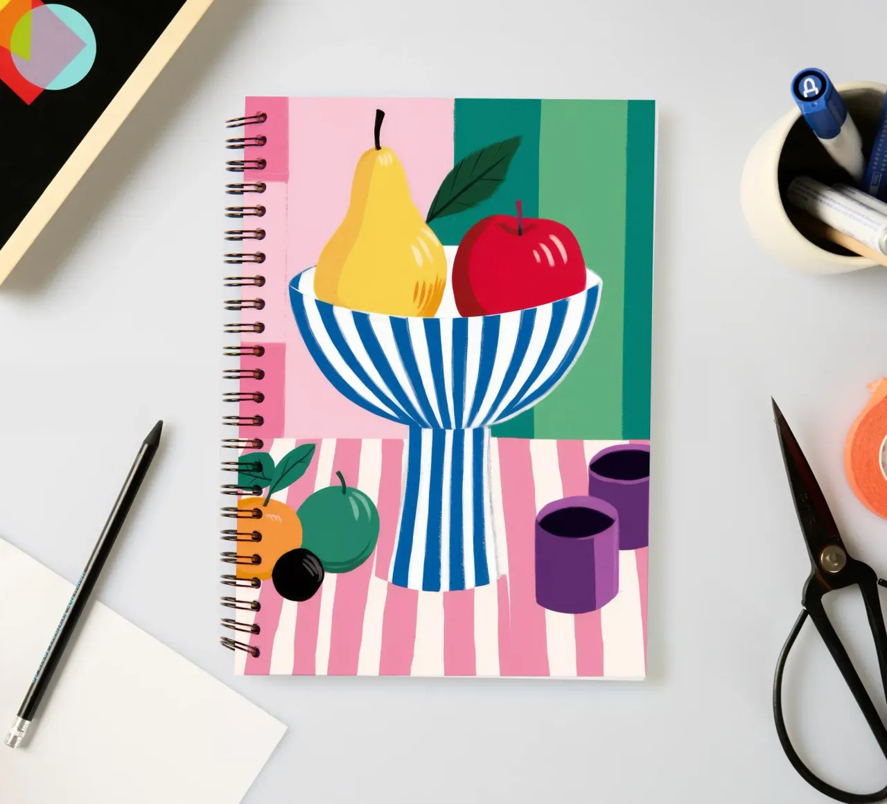 Striped Bowl Apple Pear spiral notebook by Haven Fantasy