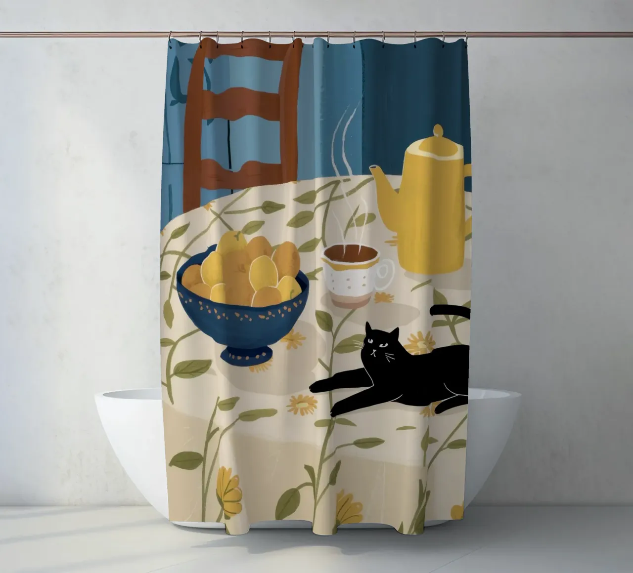Table Cat Nap shower curtain by Pale Aura