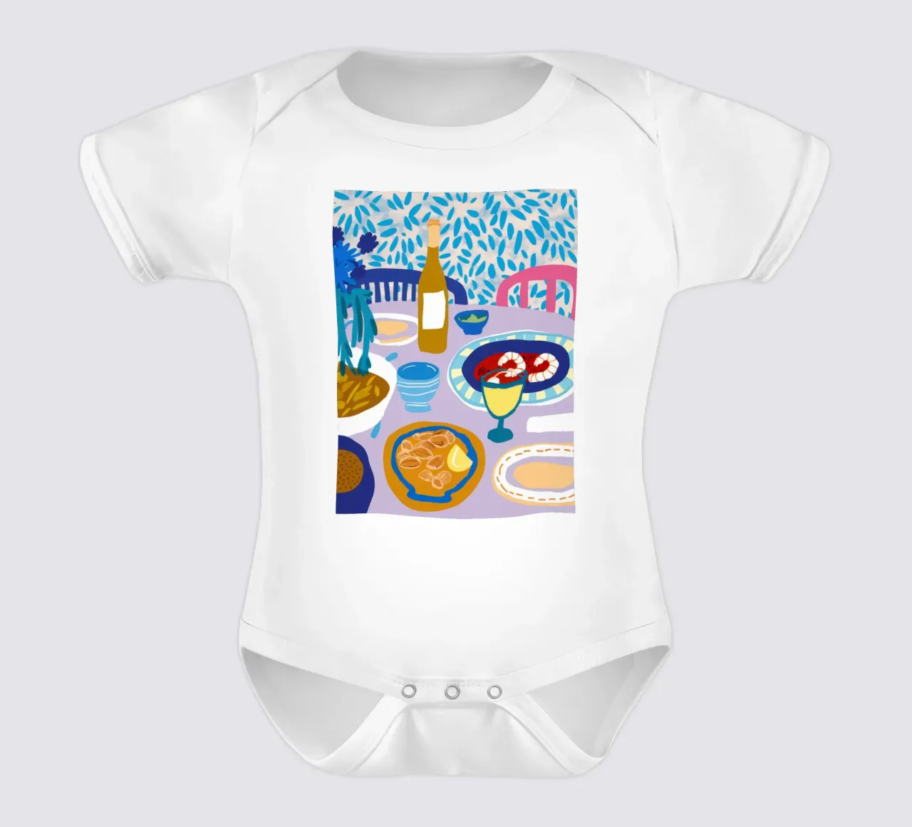 Blue Table Banquet short-sleeve baby romper by Pale Aura