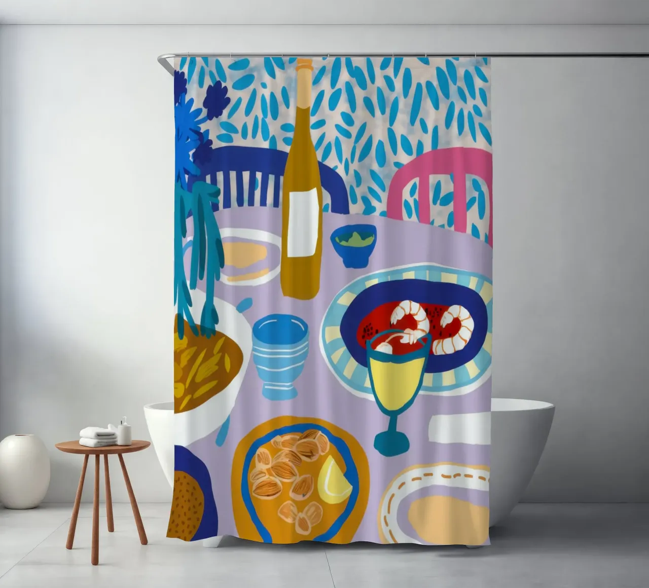 Blue Table Banquet shower curtain by Pale Aura