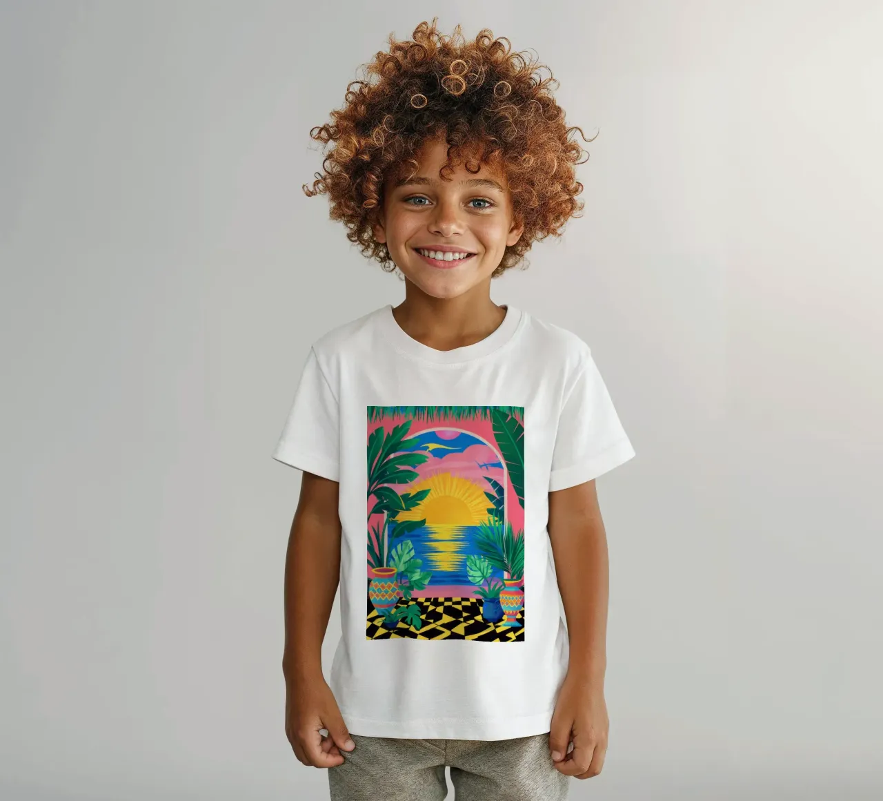 Sunset Palm Paradise kids t-shirt by Pale Aura
